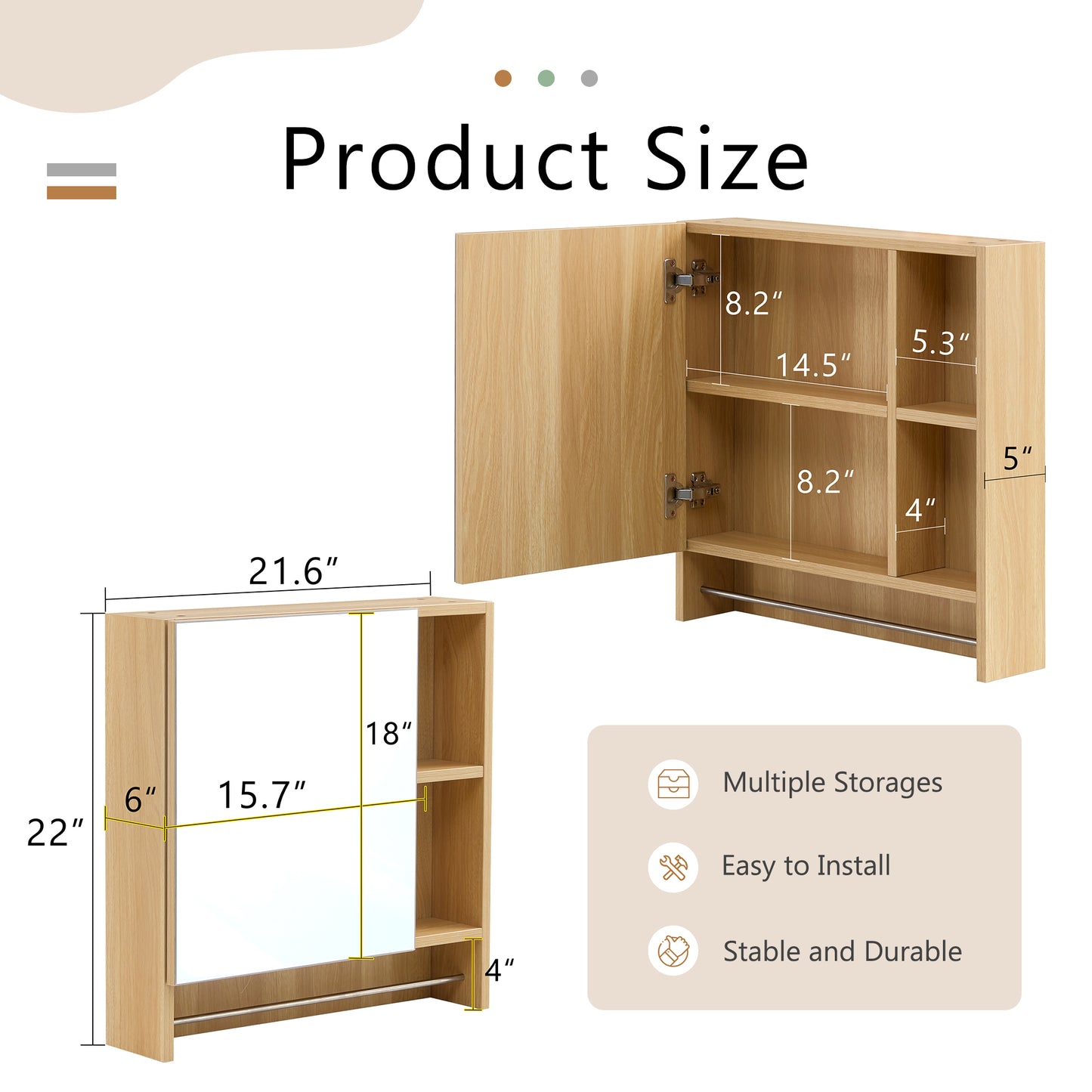 Natural wood bathroom cabinet with mirrored door W H features open shelves and towel bar