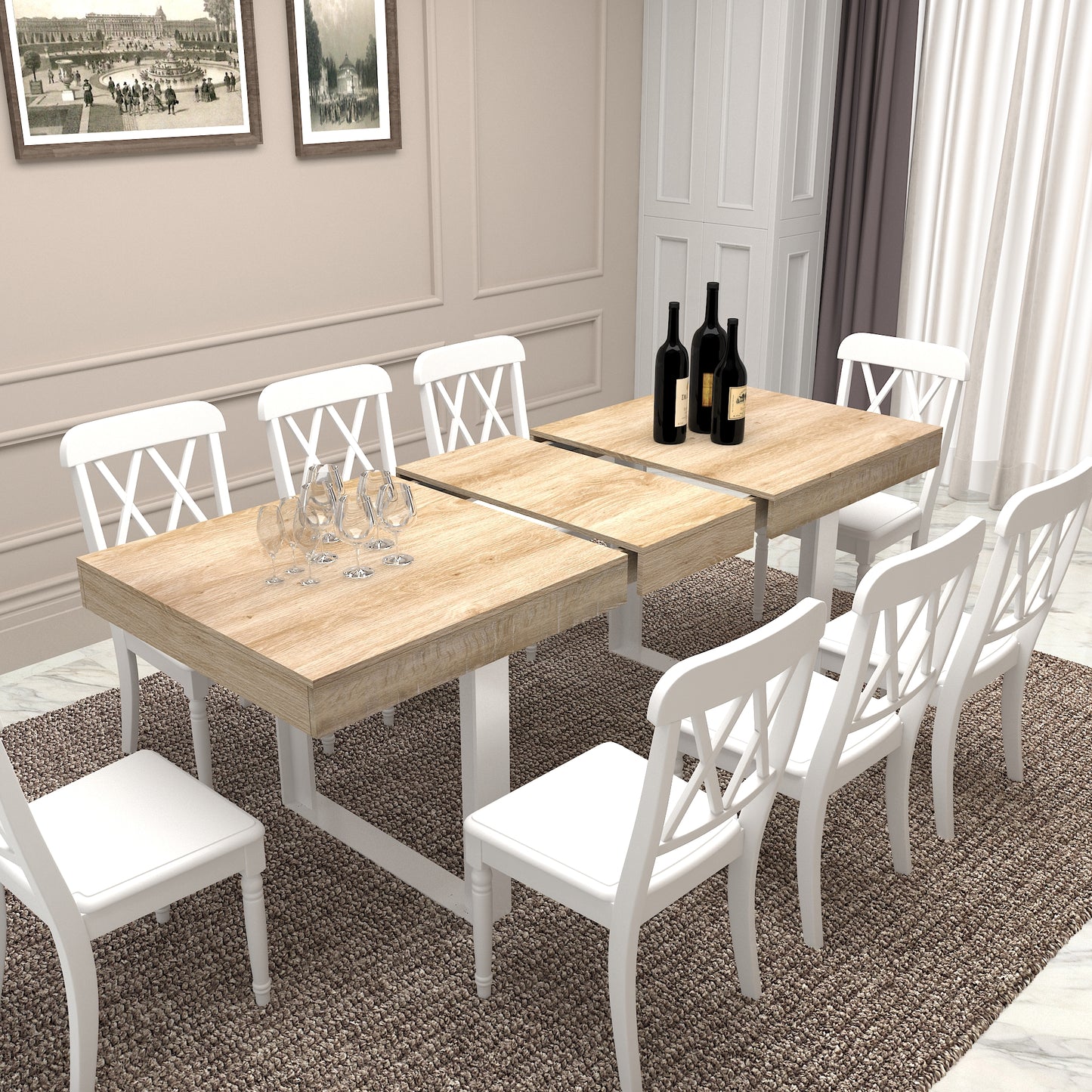 Extendable dining table with light oak finish and white chairs perfect for modern homes