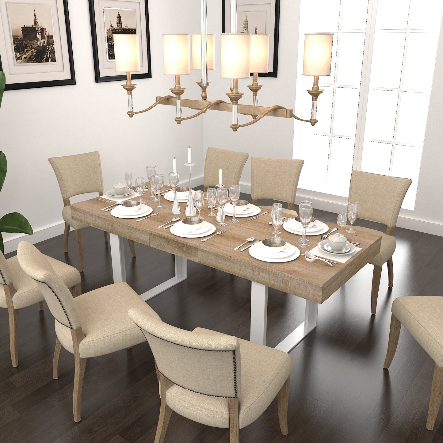 Rustic oak dining table set for eight with beige upholstered chairs
