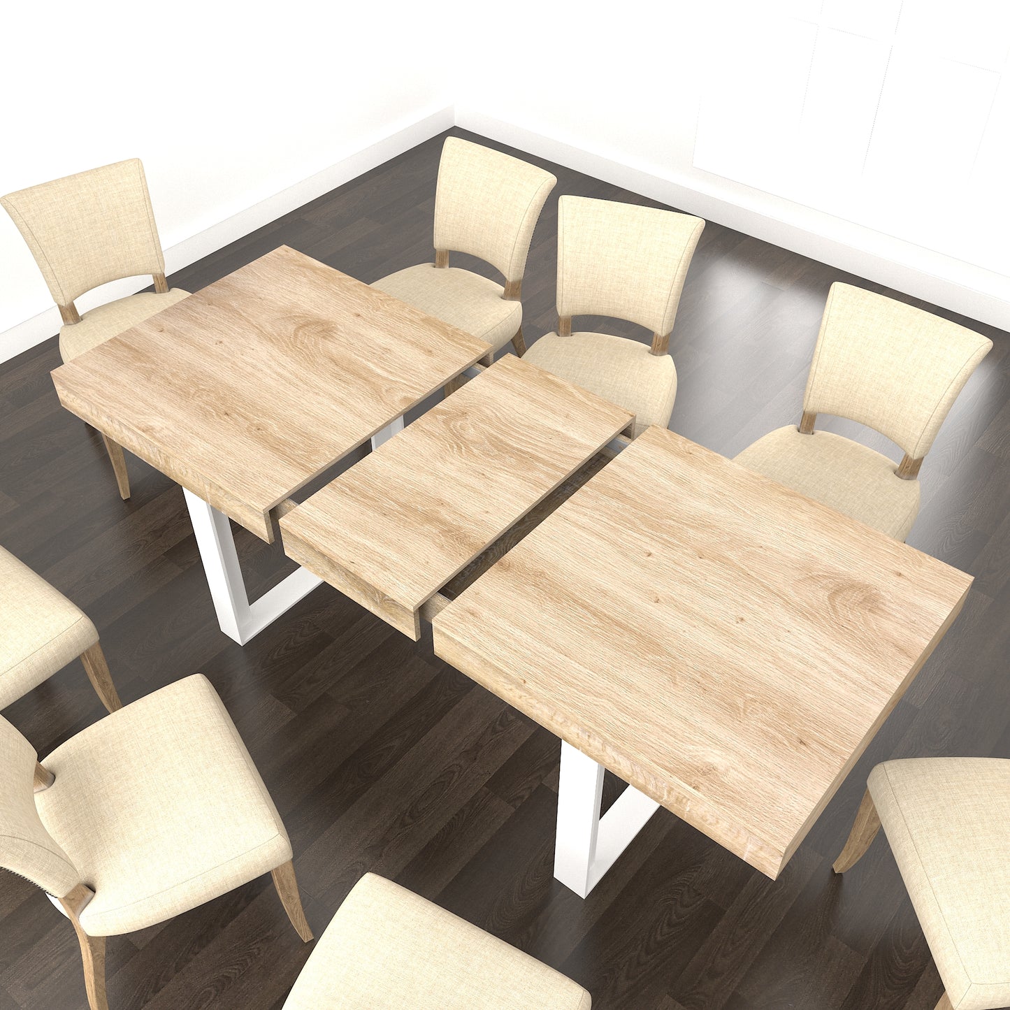 Extendable light oak dining table with modern white legs and upholstered chairs