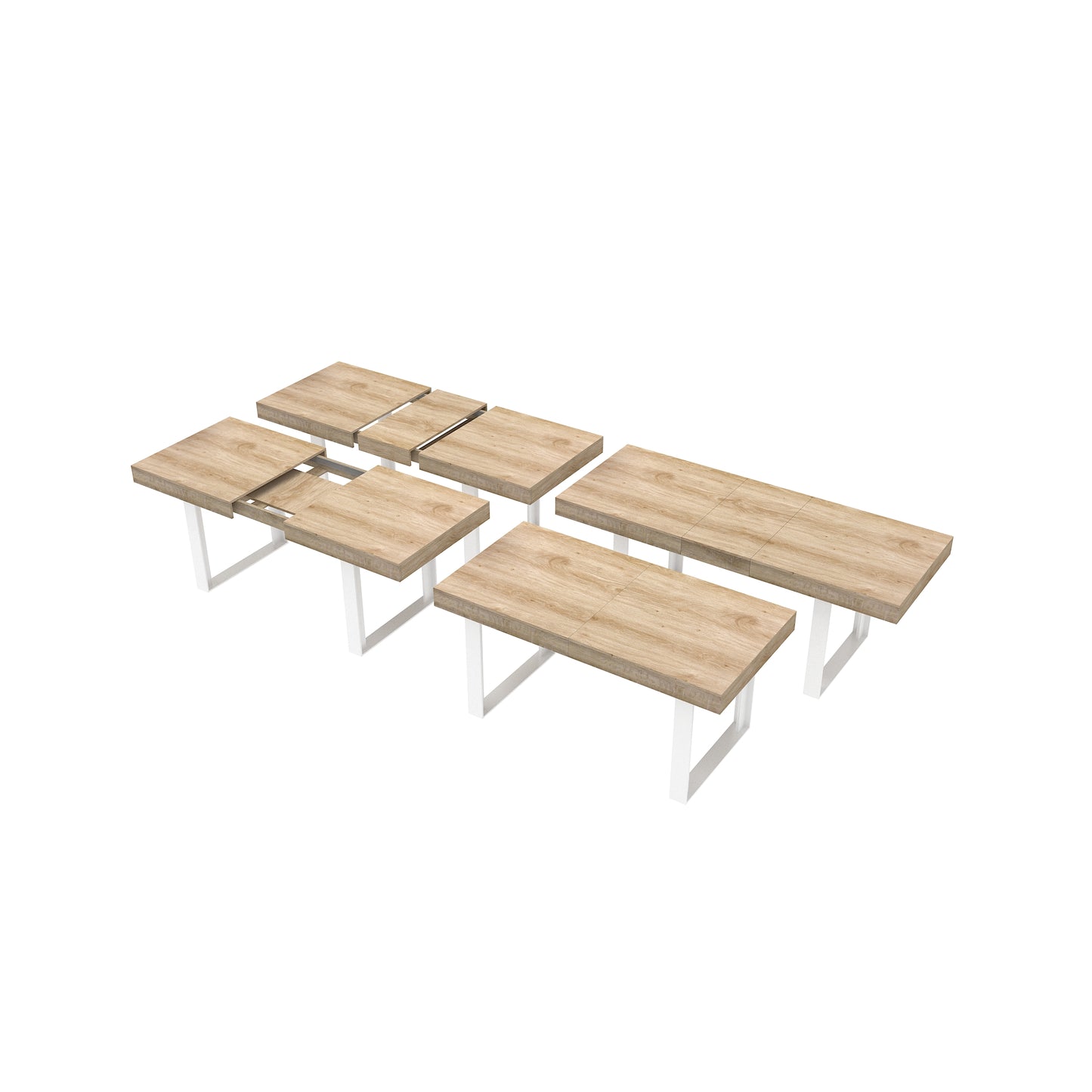 Extendable dining table with light oak wood top and white metal legs