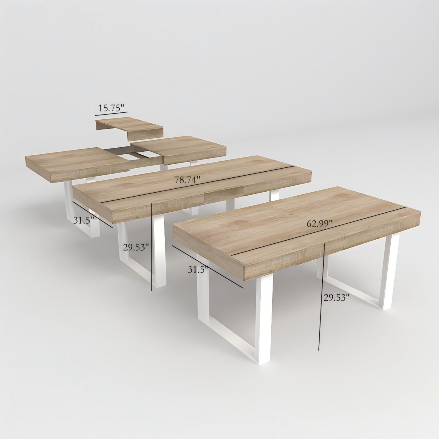Extendable dining table with natural wood finish and white metal legs