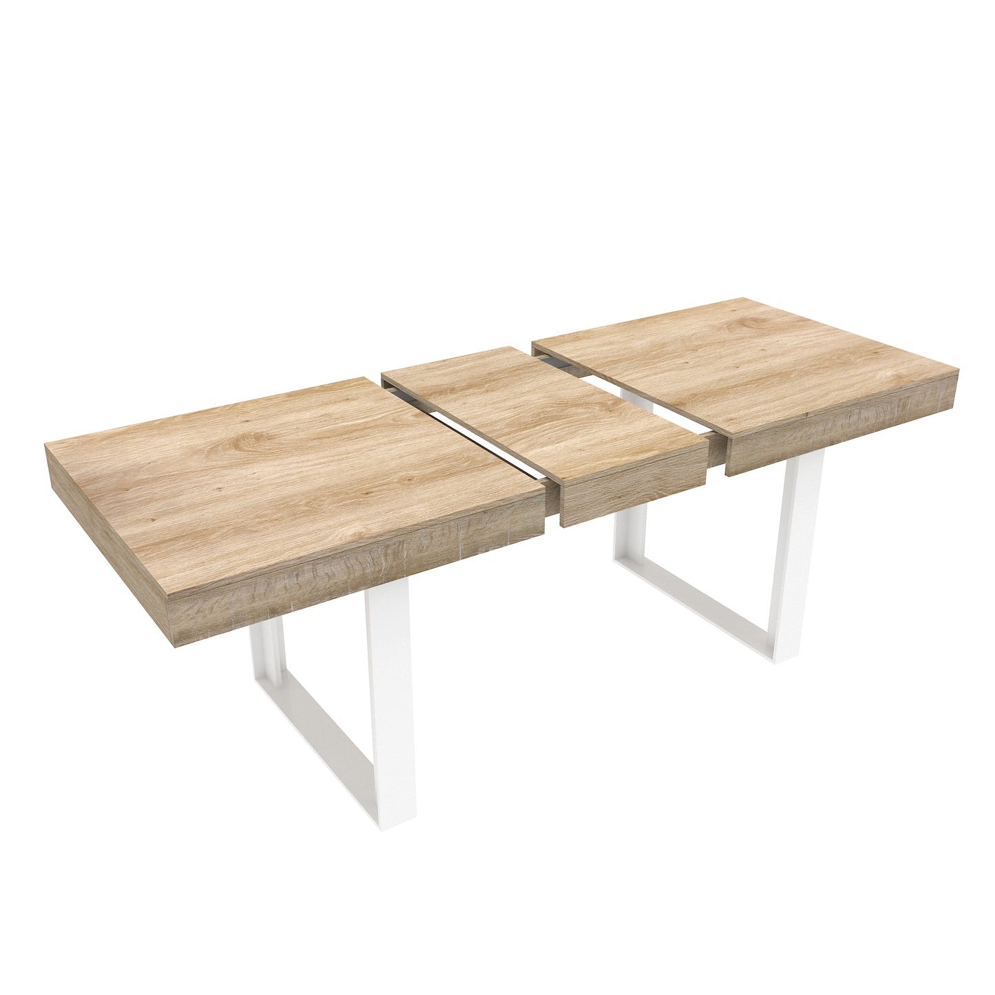 Modern extendable dining table with light oak veneer and white metal legs