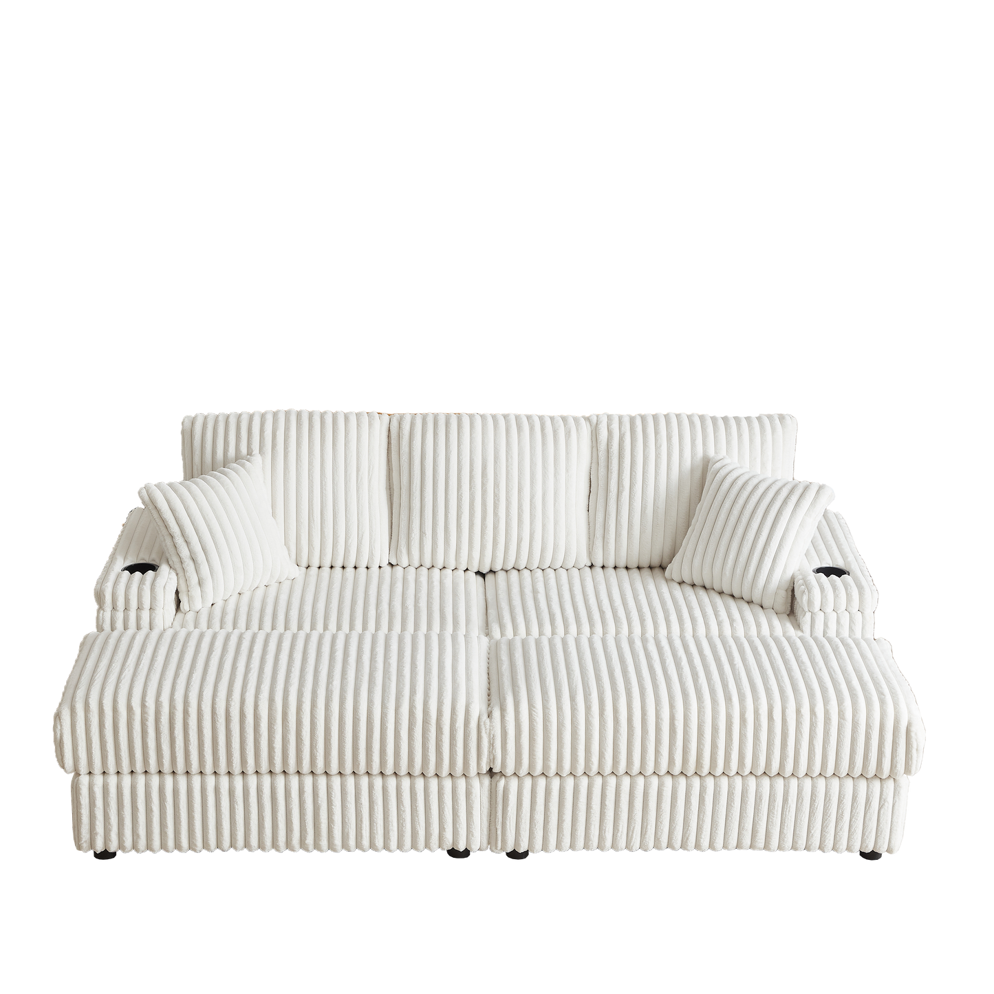 Plush white corduroy sofa with integrated cup holders and wooden accents