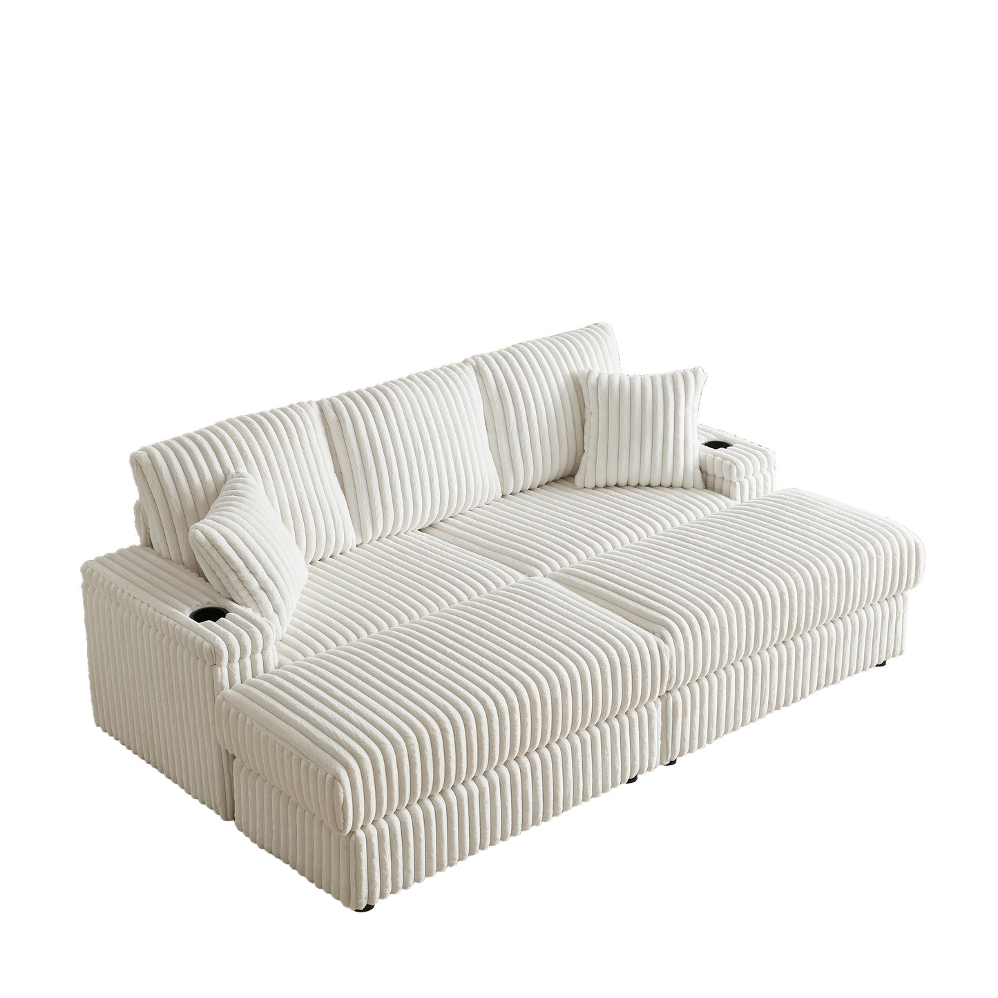 Plush cream corduroy sectional sofa with integrated cup holders perfect for living rooms