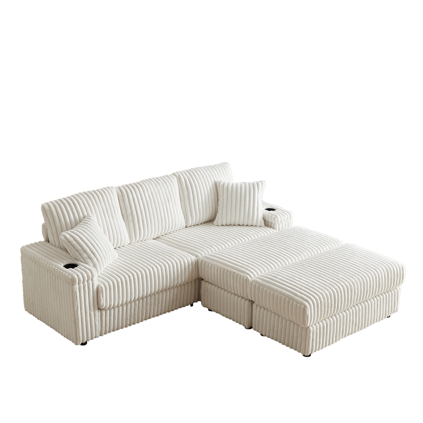 Cozy white corduroy sectional sofa with builtin cup holders and plush cushions