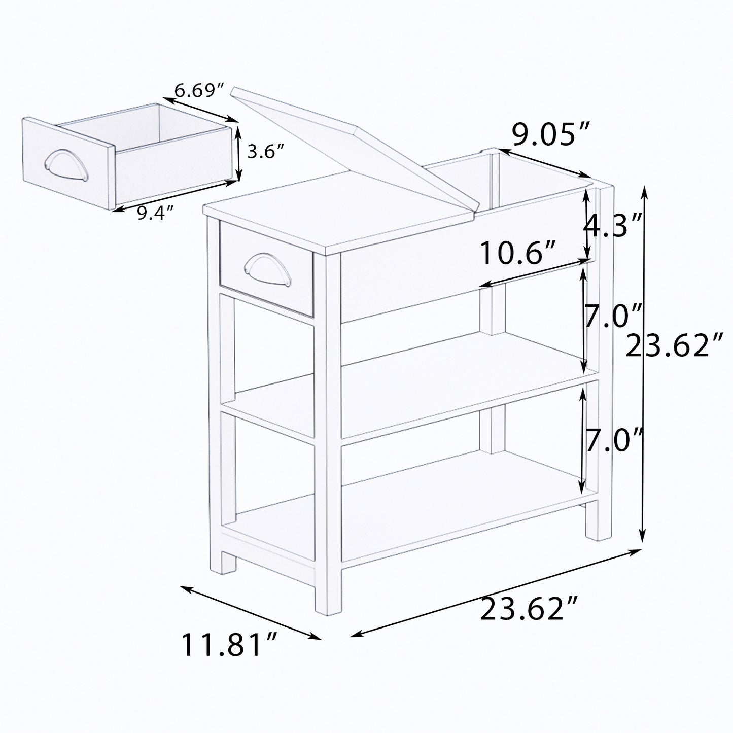 Line drawing of a white end table with drawer and dimensions