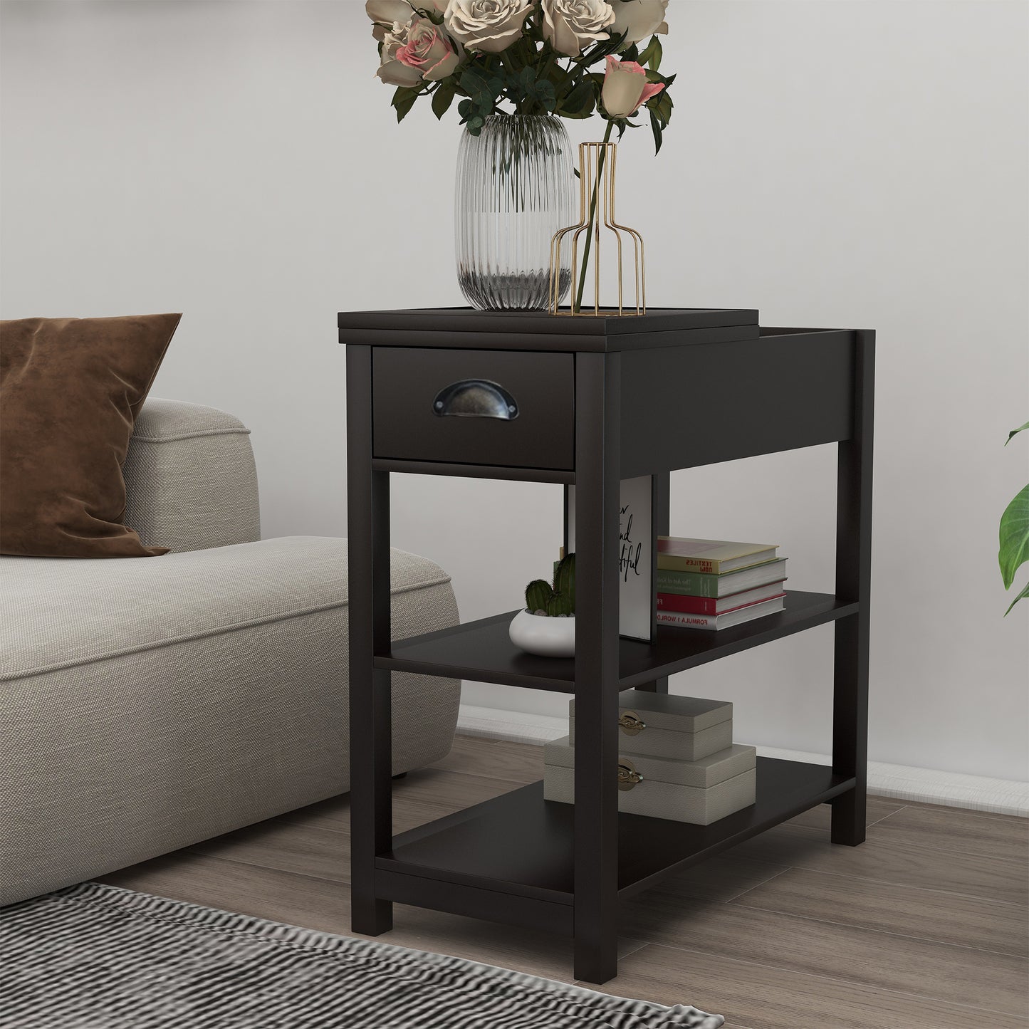 Dark brown wooden end table with drawer and open shelves