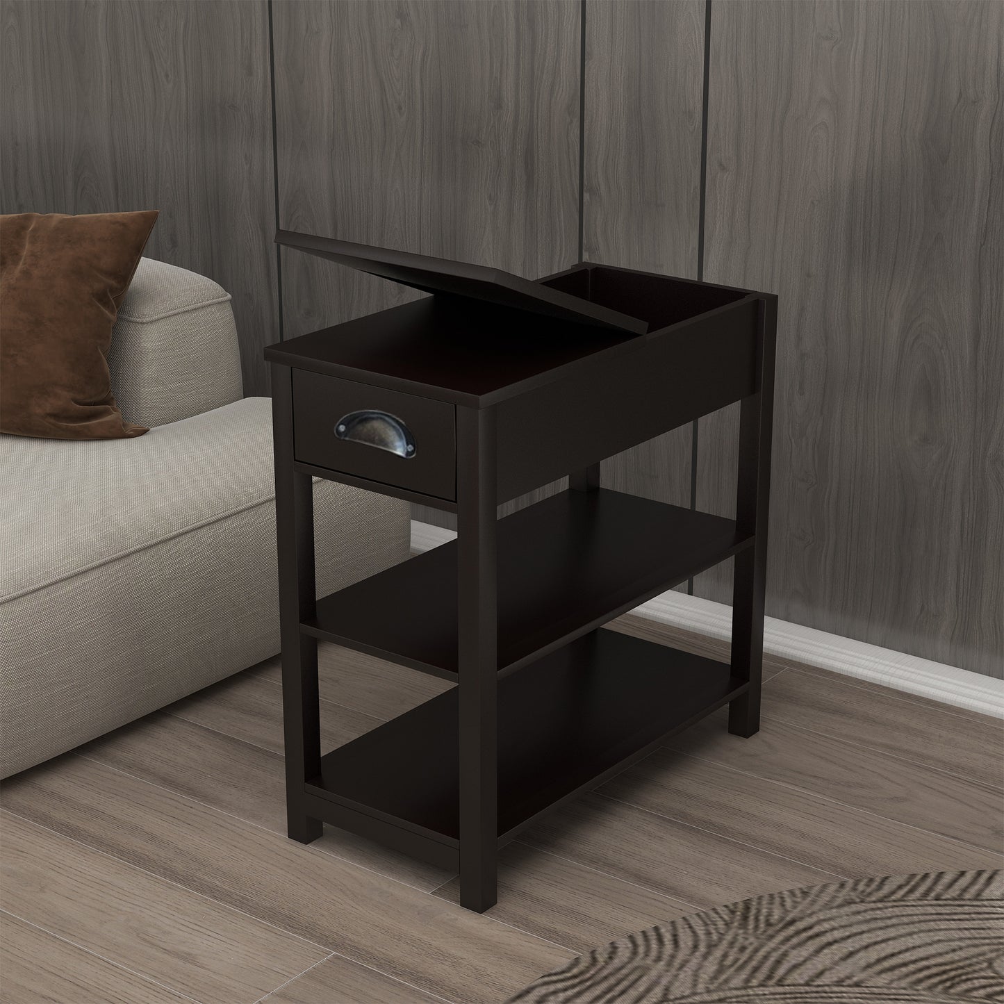 Dark wood Ctable with drawer and shelves ideal for small spaces