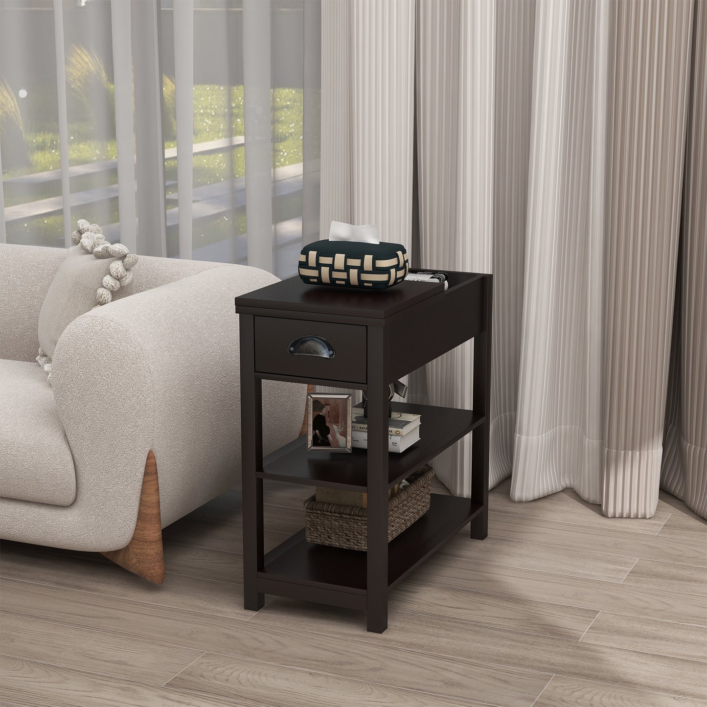 Dark brown wood end table with drawer and open shelves for living room storage