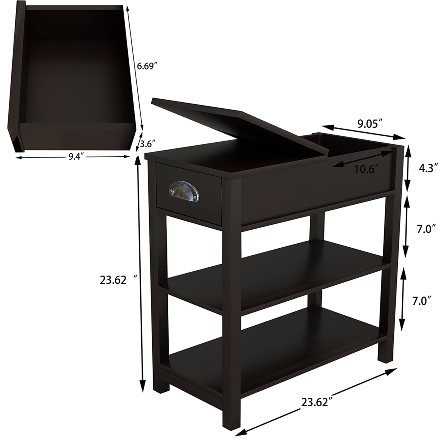Dark brown end table with one drawer and two open shelves for bedside storage