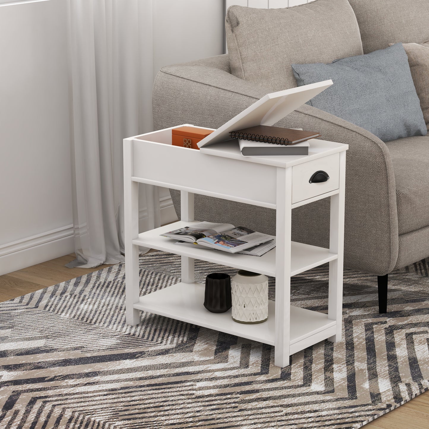 White accent side table with two shelves a drawer and storage compartment