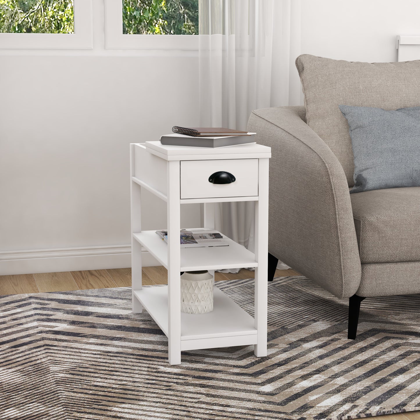 White end table with one drawer and two open shelves perfect for small living spaces