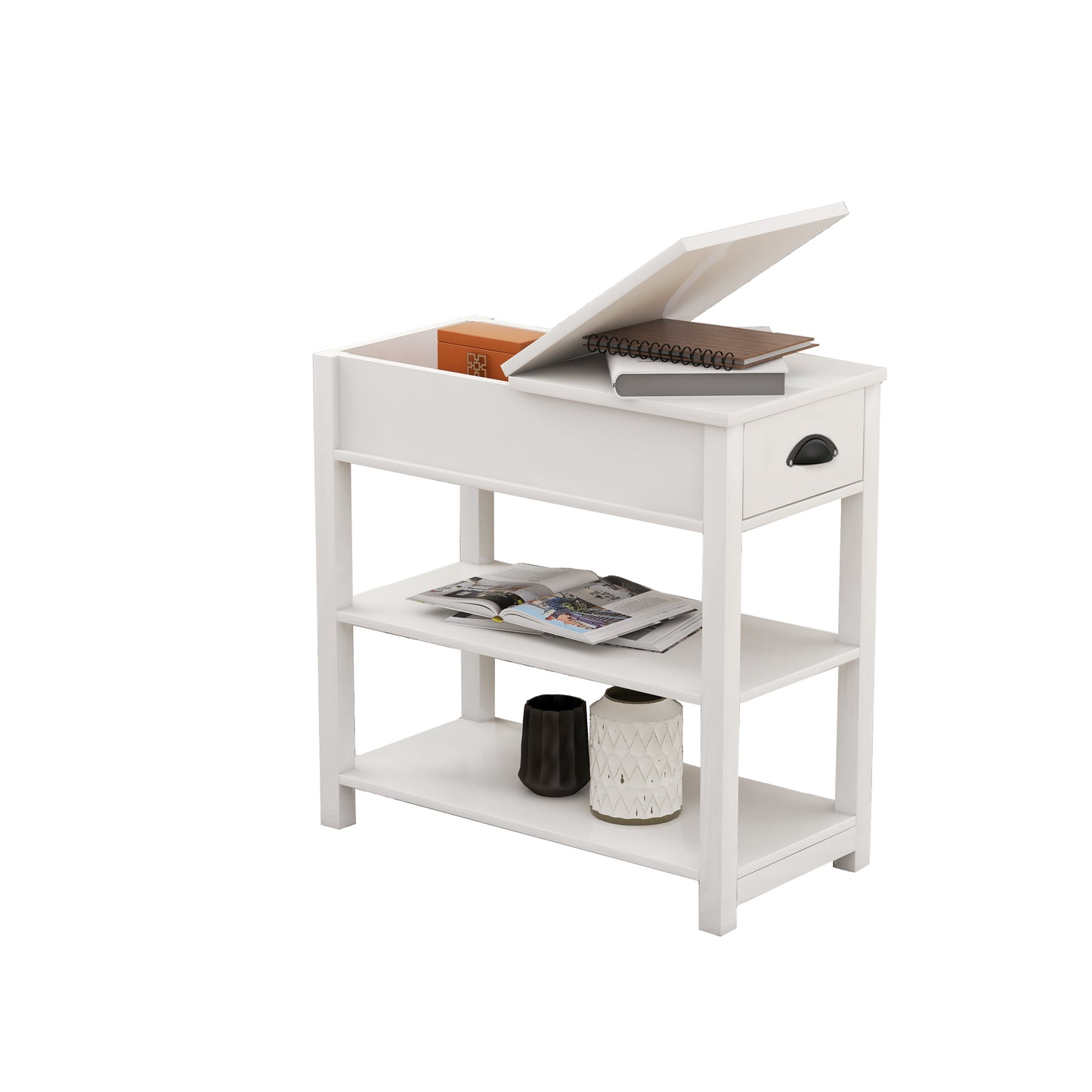 White narrow console table with lifttop and drawer for entryways