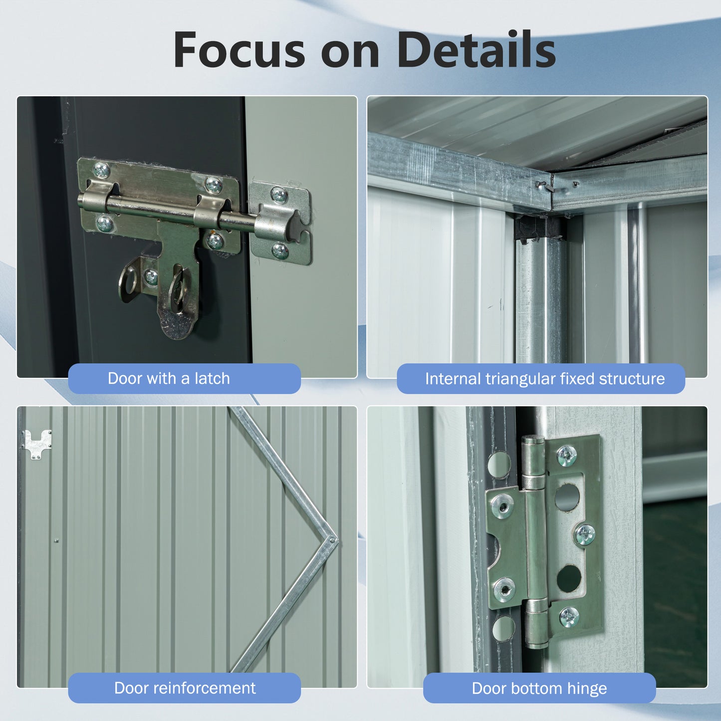 Closeup of a metal shed door with a silver bolt latch showcasing security features