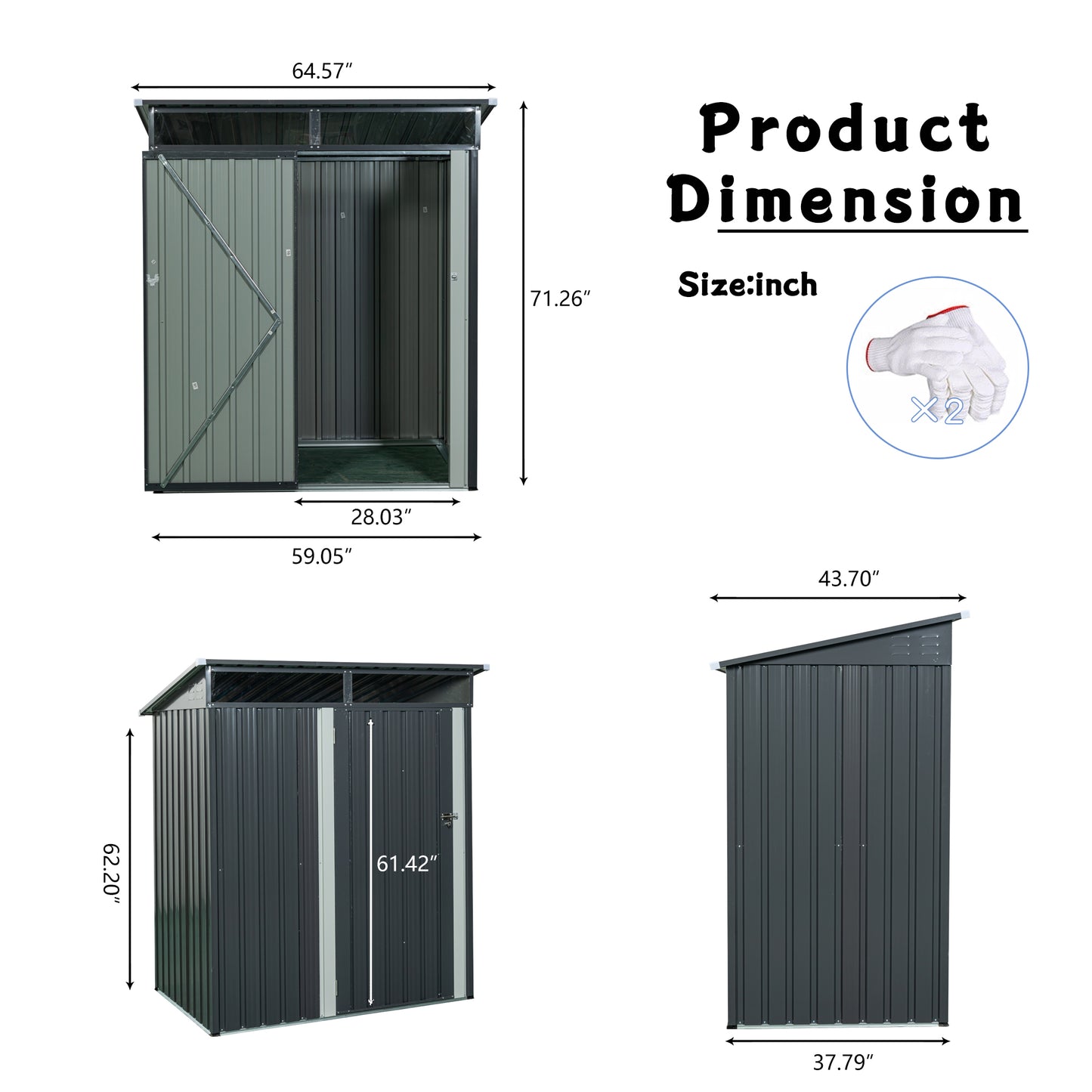 Gray metal garden shed with double doors wide ideal for outdoor storage