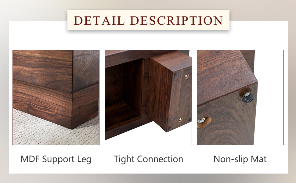 Closeup of dark wood MDF support leg on a light rug for a sturdy furniture base