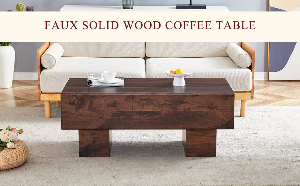 Dark walnut faux wood coffee table with block legs