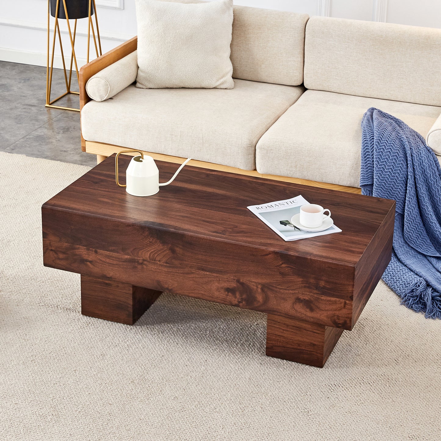 Solid walnut coffee table with a minimalist design and natural wood grain