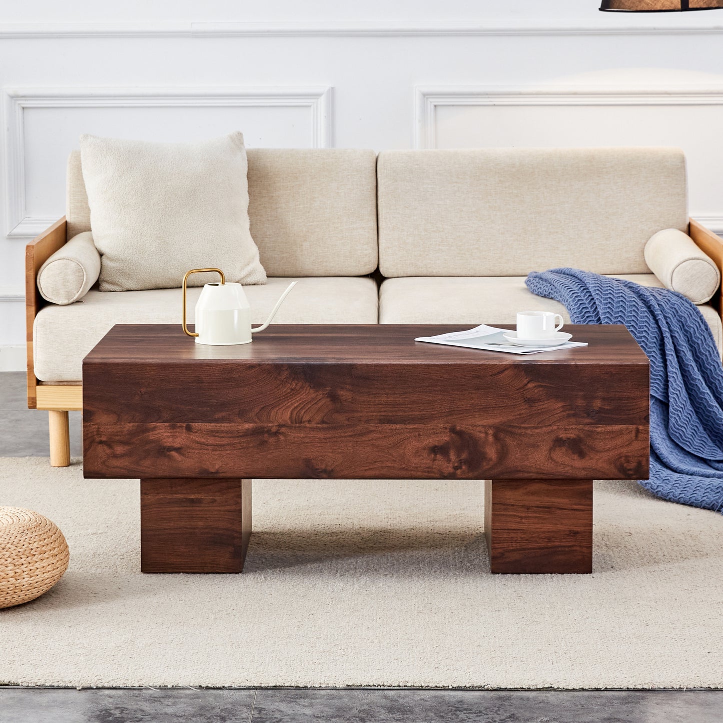 Solid walnut coffee table with a dark wood finish and modern block legs