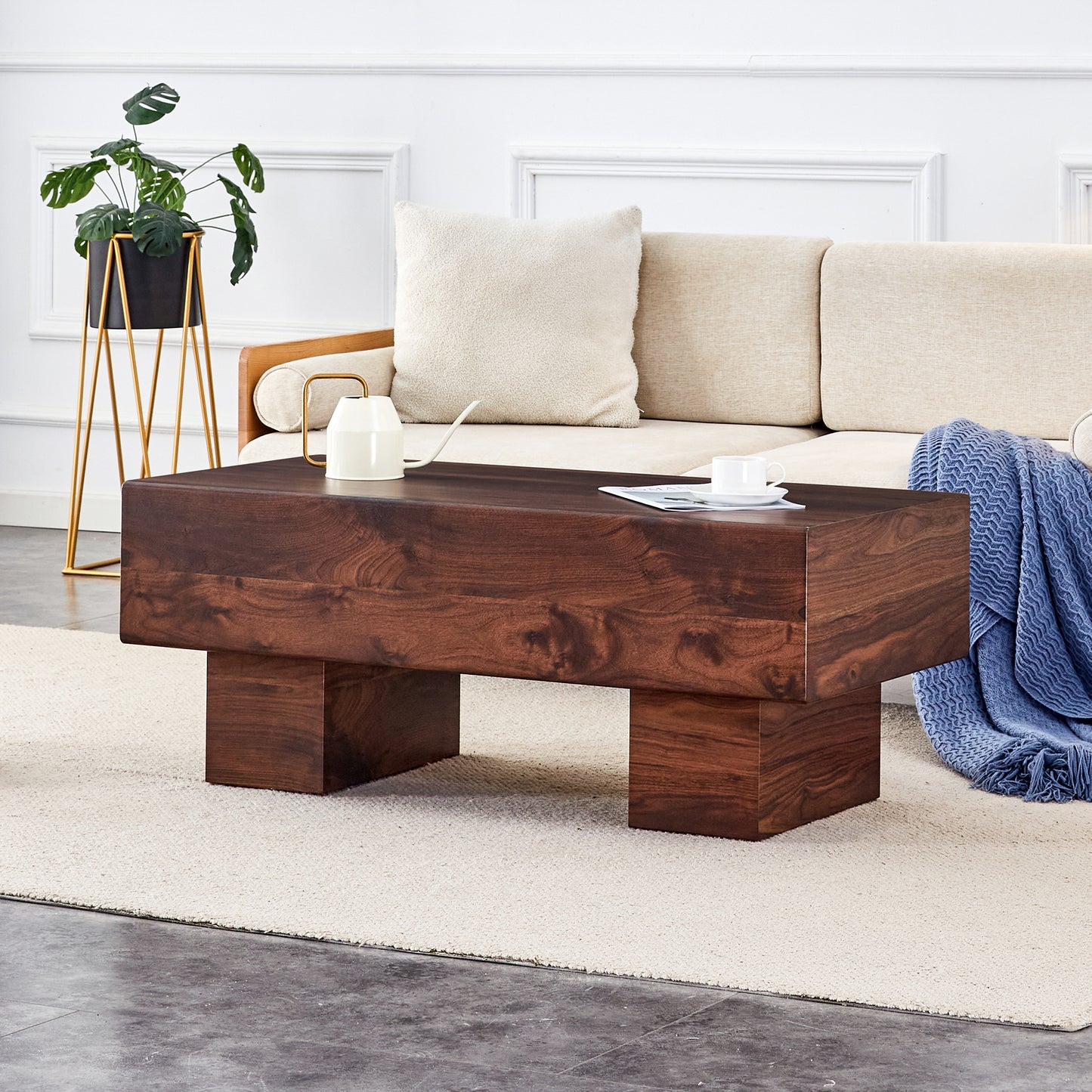 Rectangular dark wood coffee table with block legs perfect for modern living rooms