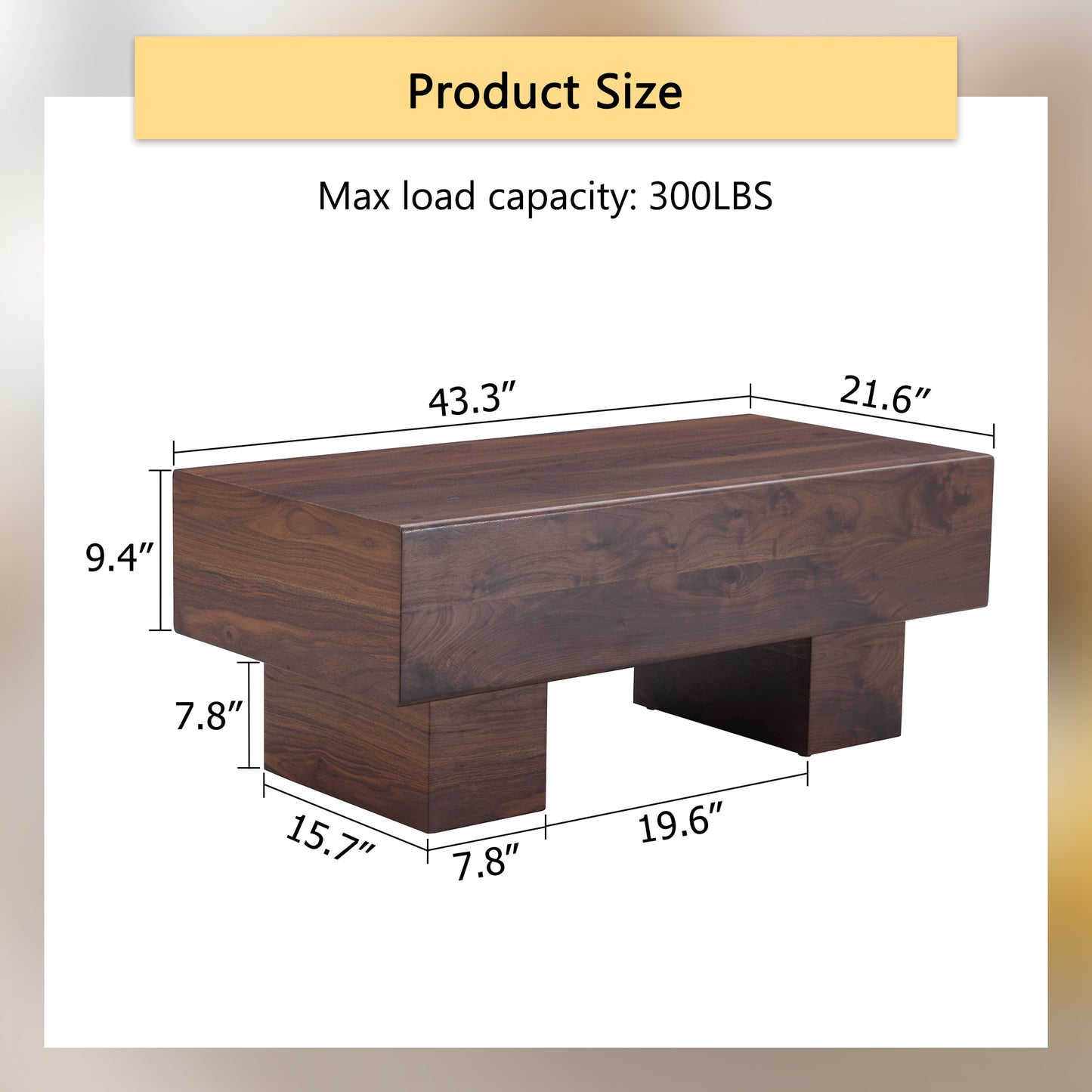 Dark wood coffee table with modern block design and LB max load capacity