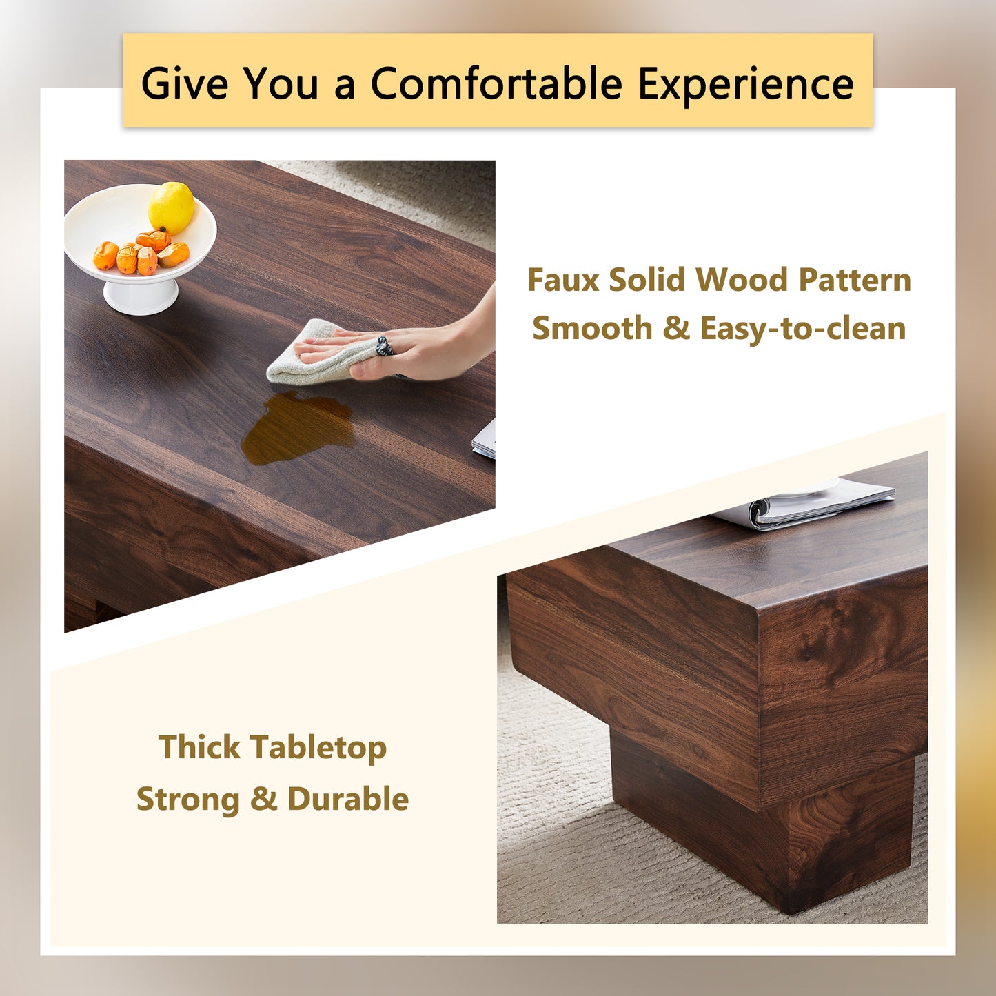 Dark wood coffee table with faux solid wood pattern smooth and easy to clean surface