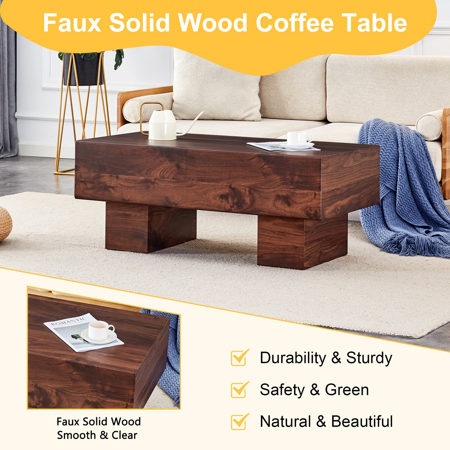 Dark brown faux wood coffee table with clean lines and block legs