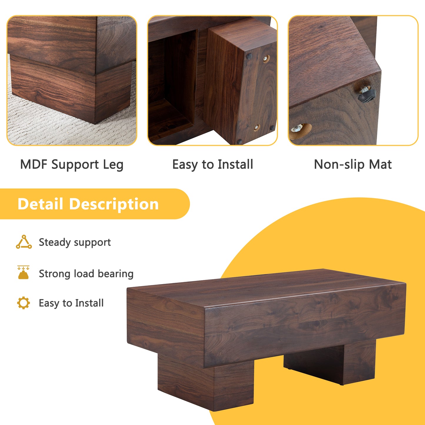 Dark wood coffee table with sturdy MDF support legs and a smooth finish