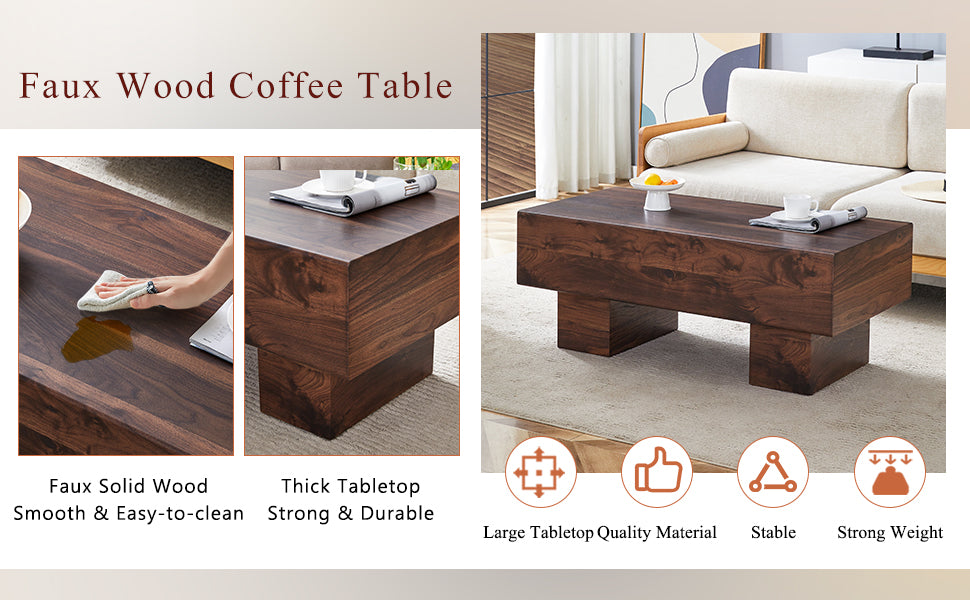 Dark walnut faux wood coffee table with modern block design