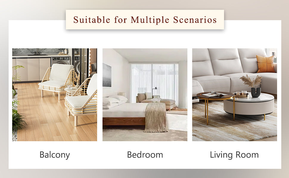 Wicker lounge chairs with white cushions on a light wood floor suitable for balconies