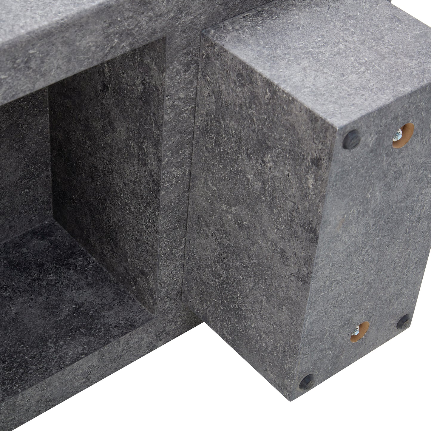 Textured grey concrete storage cube with an open compartment and visible screw mounts