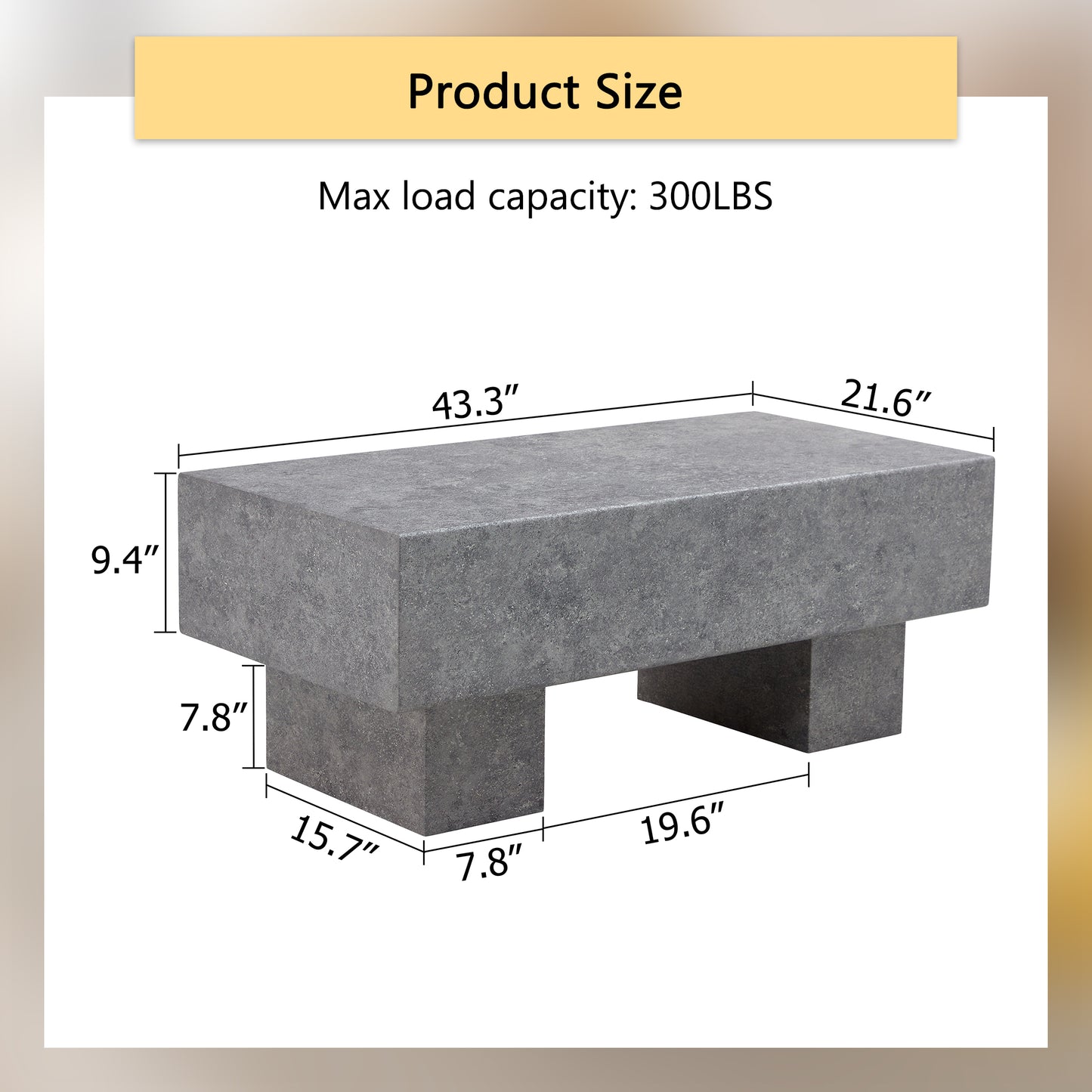 Gray stonelook coffee table with modern block design W x D x H