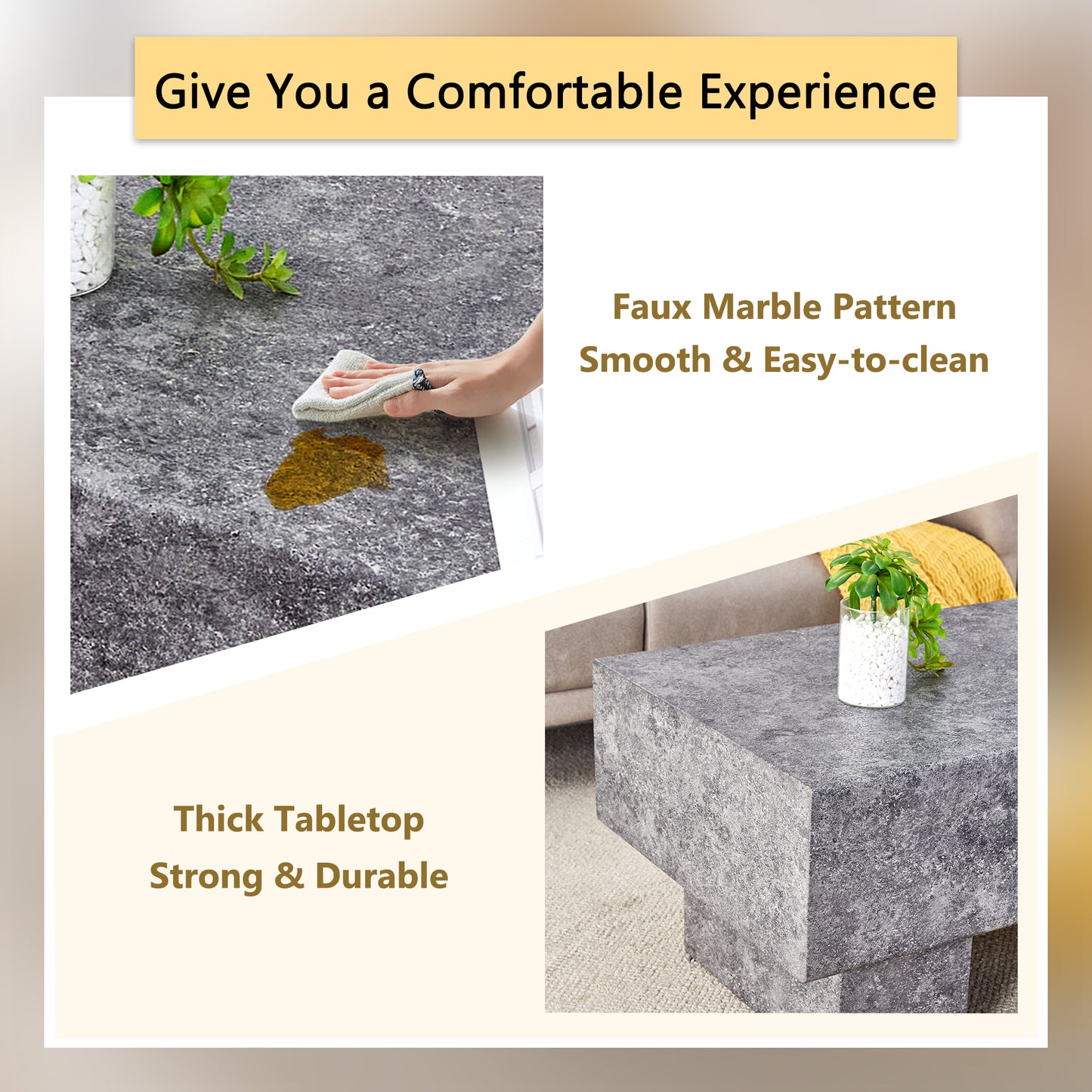 Grey faux marble coffee table with thick durable tabletop