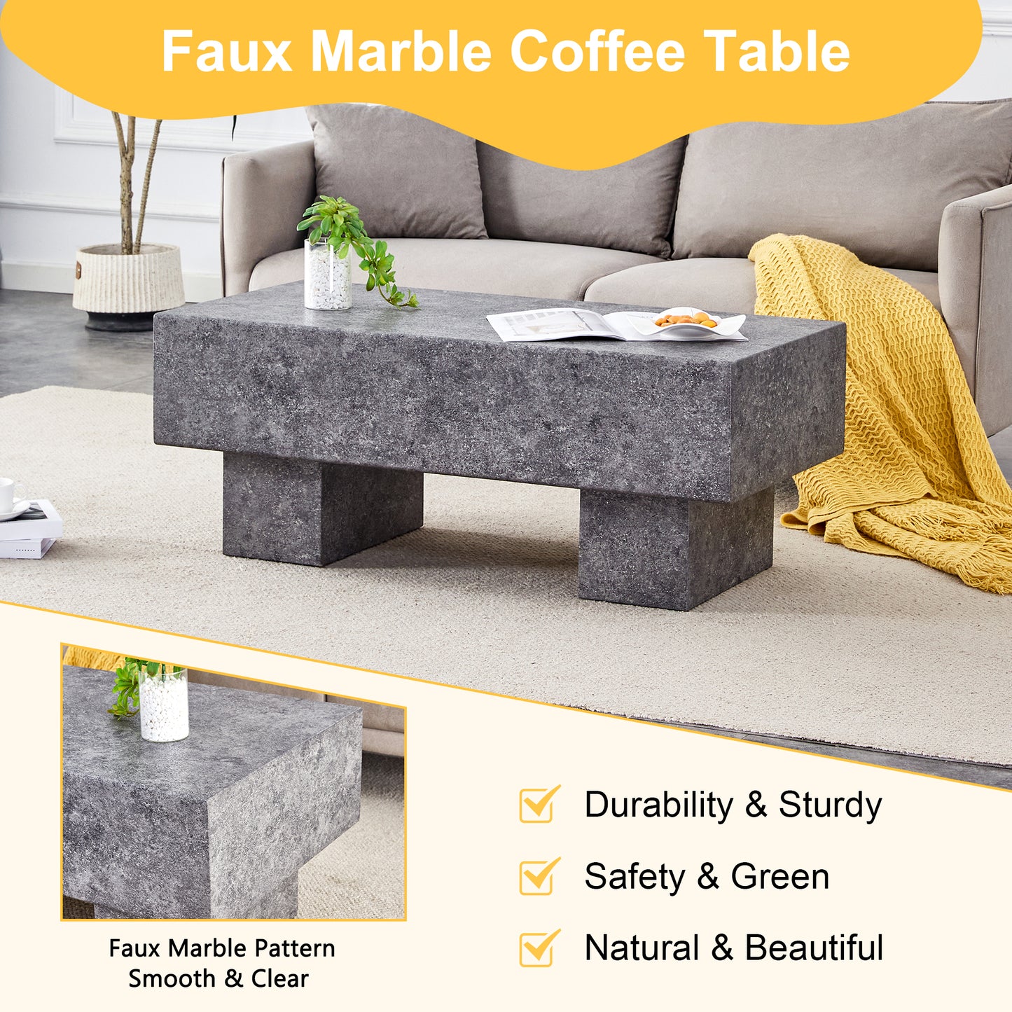 Dark gray faux marble coffee table with rectangular block design modern living room