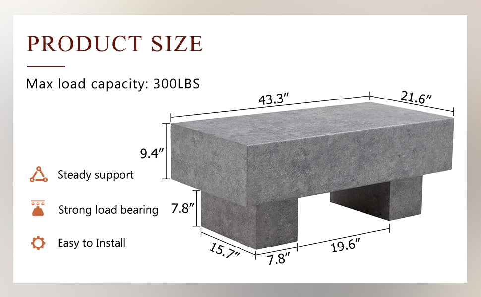Modern gray stone bench with dimensions L x W x H