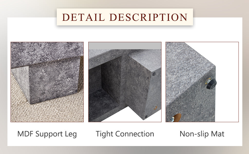 Closeup of a gray MDF support leg with a speckled texture on a carpeted surface