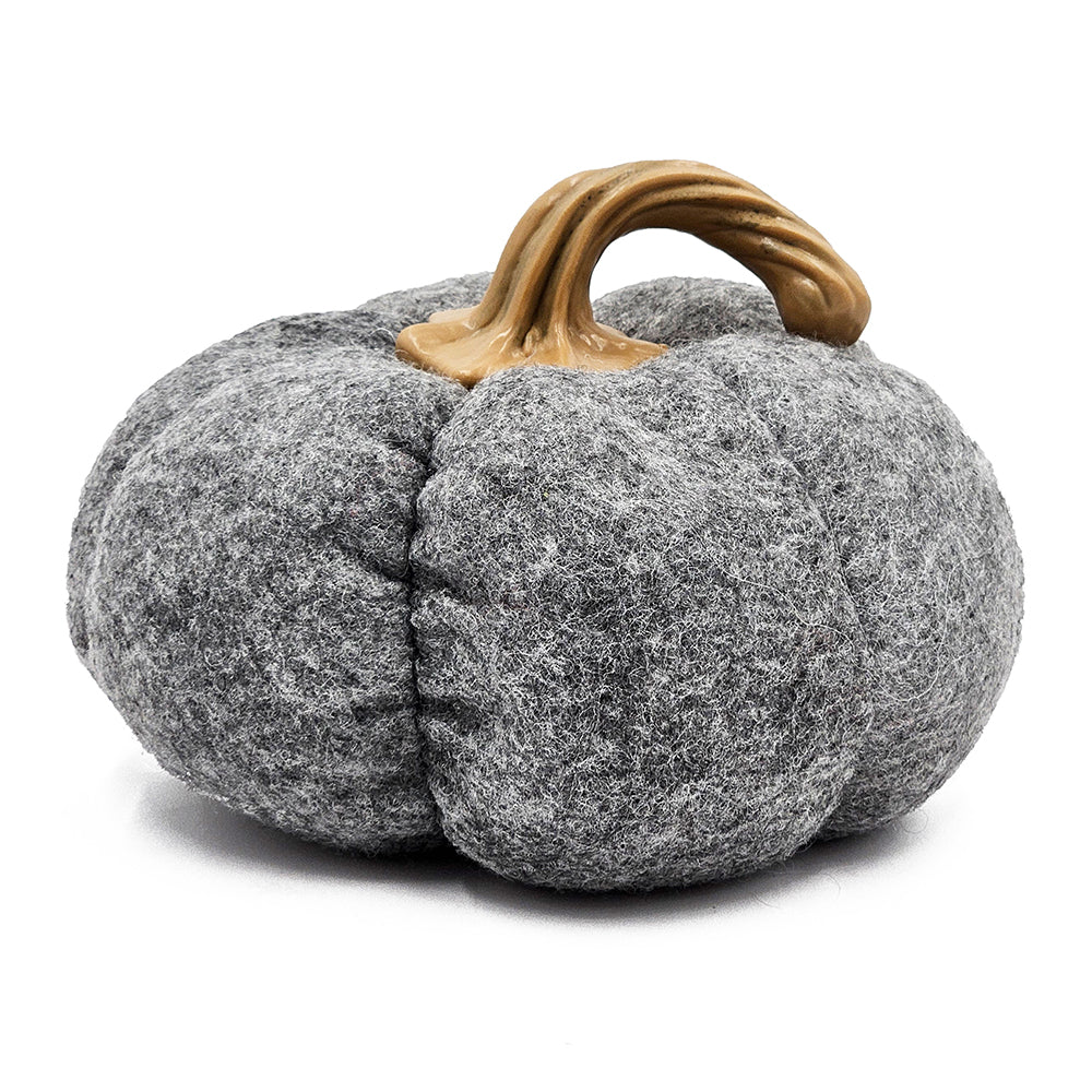Grey felt pumpkin decoration with a textured tan stem