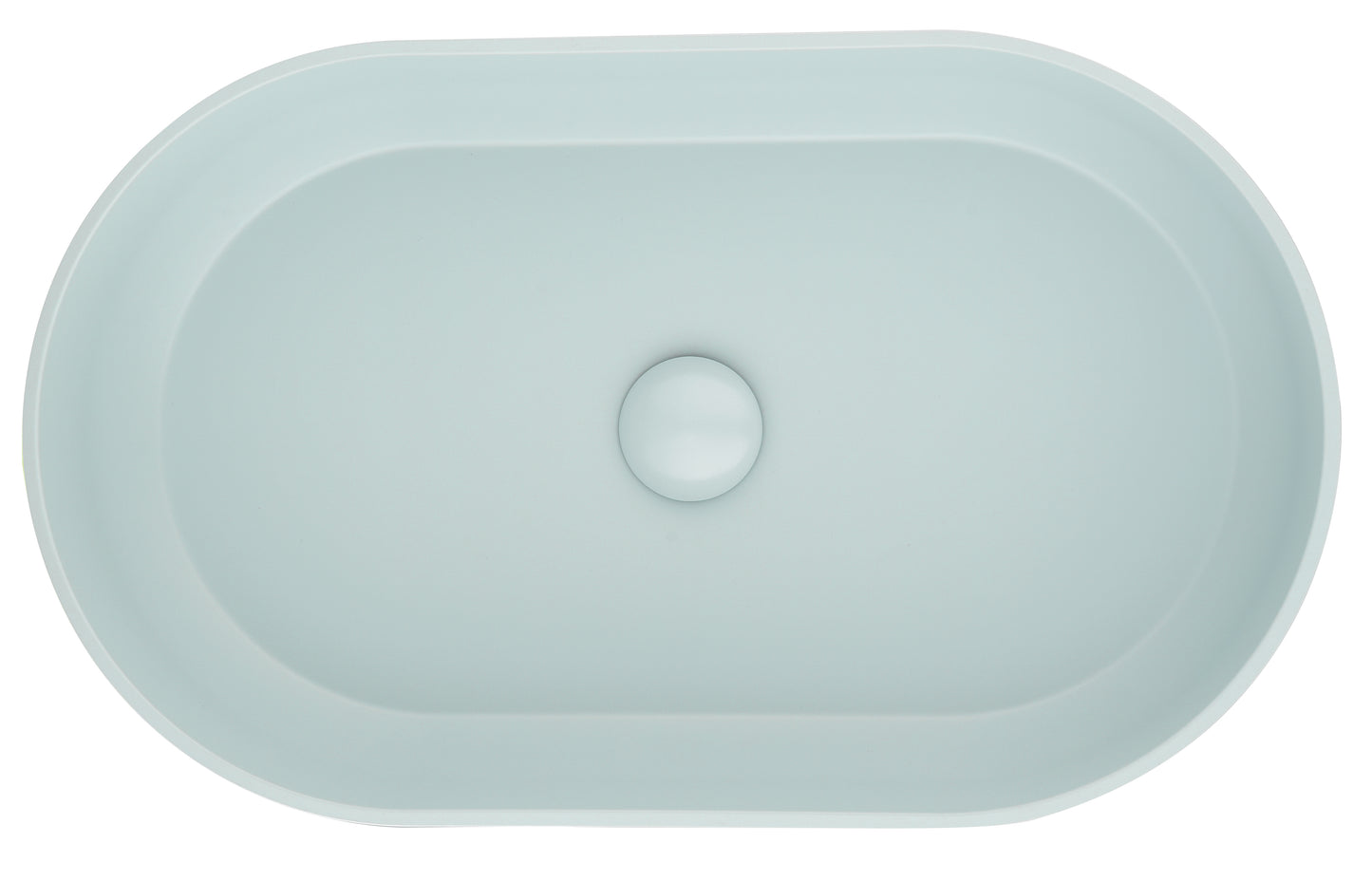 Top view of a light blue oval ceramic bathroom sink with a center drain