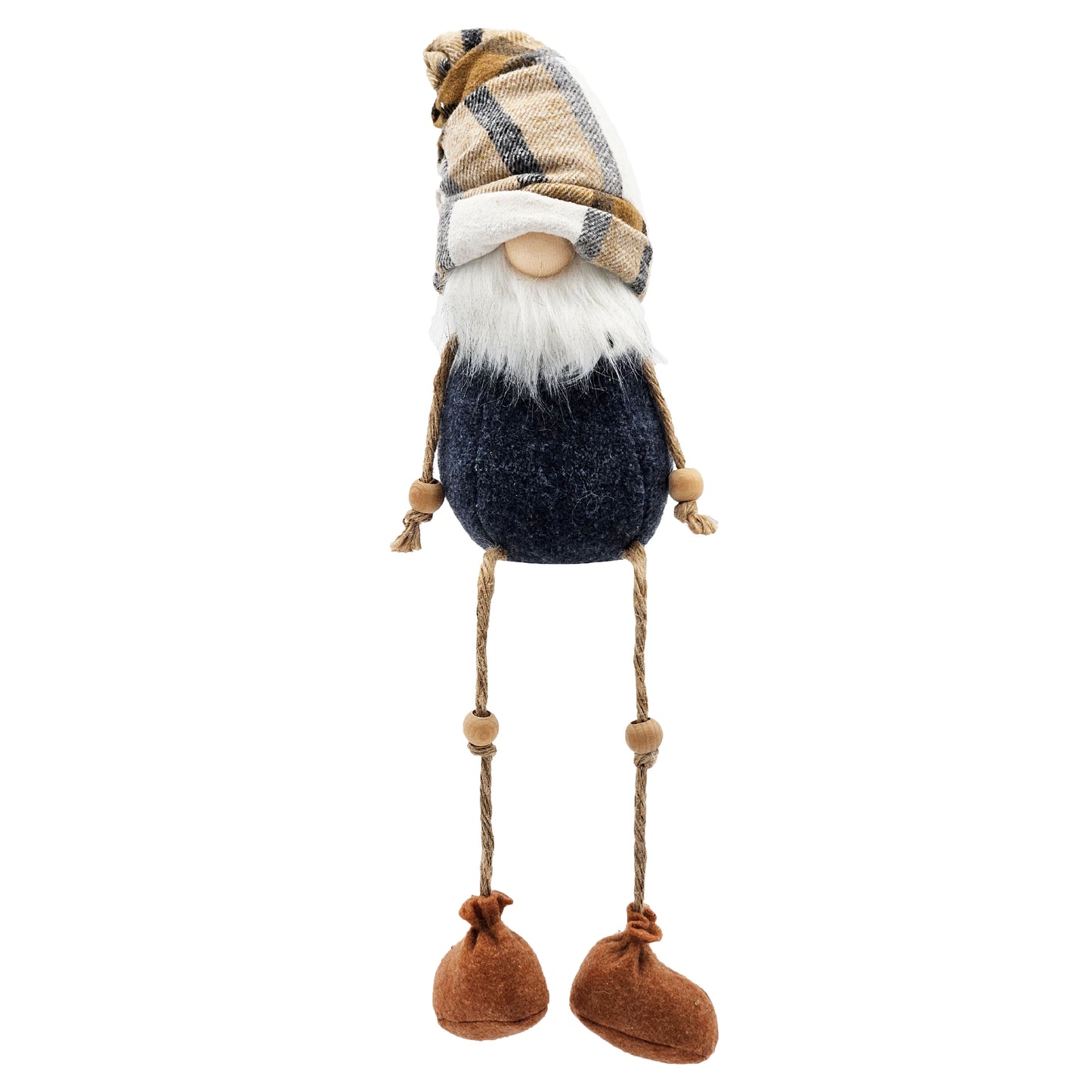 Plush gnome with a plaid hat white beard and navy blue body perfect for holiday decor