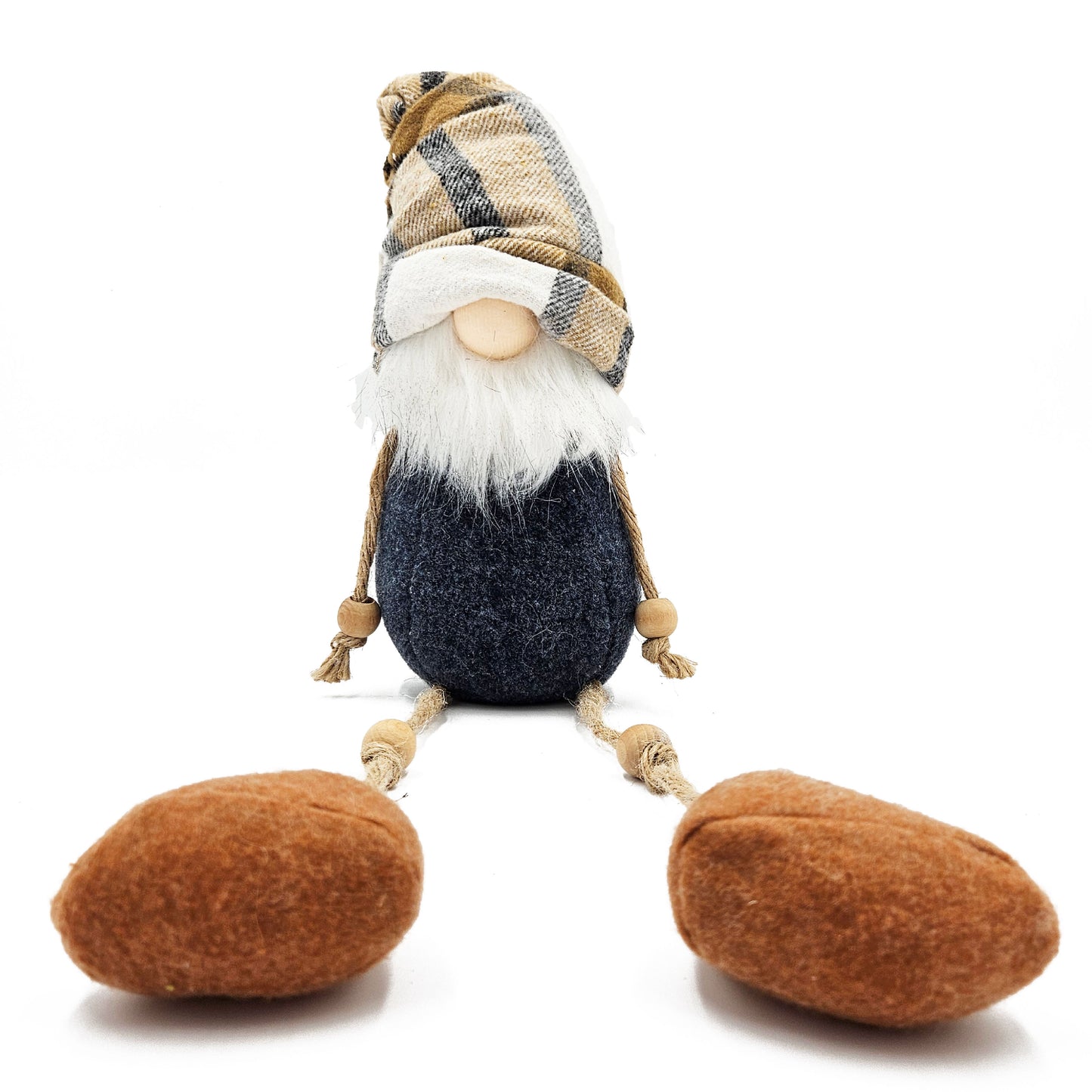 Plush gnome with checkered hat long white beard and dark blue body perfect as a holiday decoration