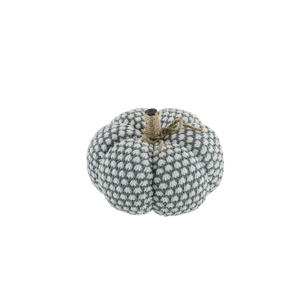 Gray and white textured fabric pumpkin with jute stem and bow perfect for fall decor