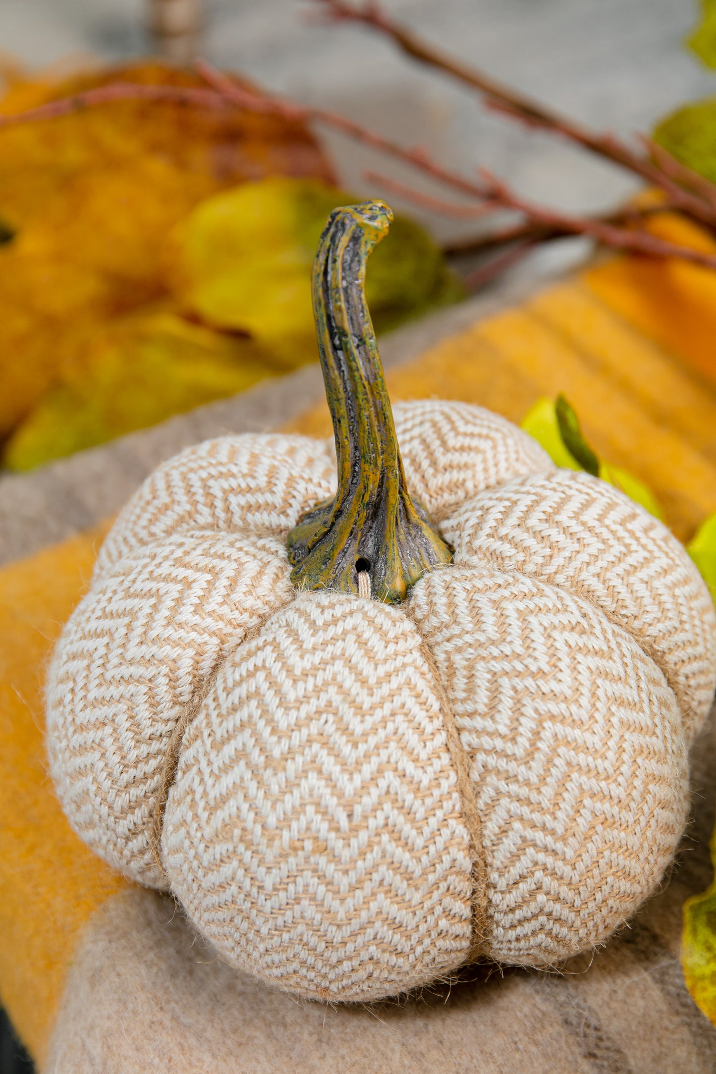 Textured fabric pumpkin with a chevron pattern realistic stem for fall decor