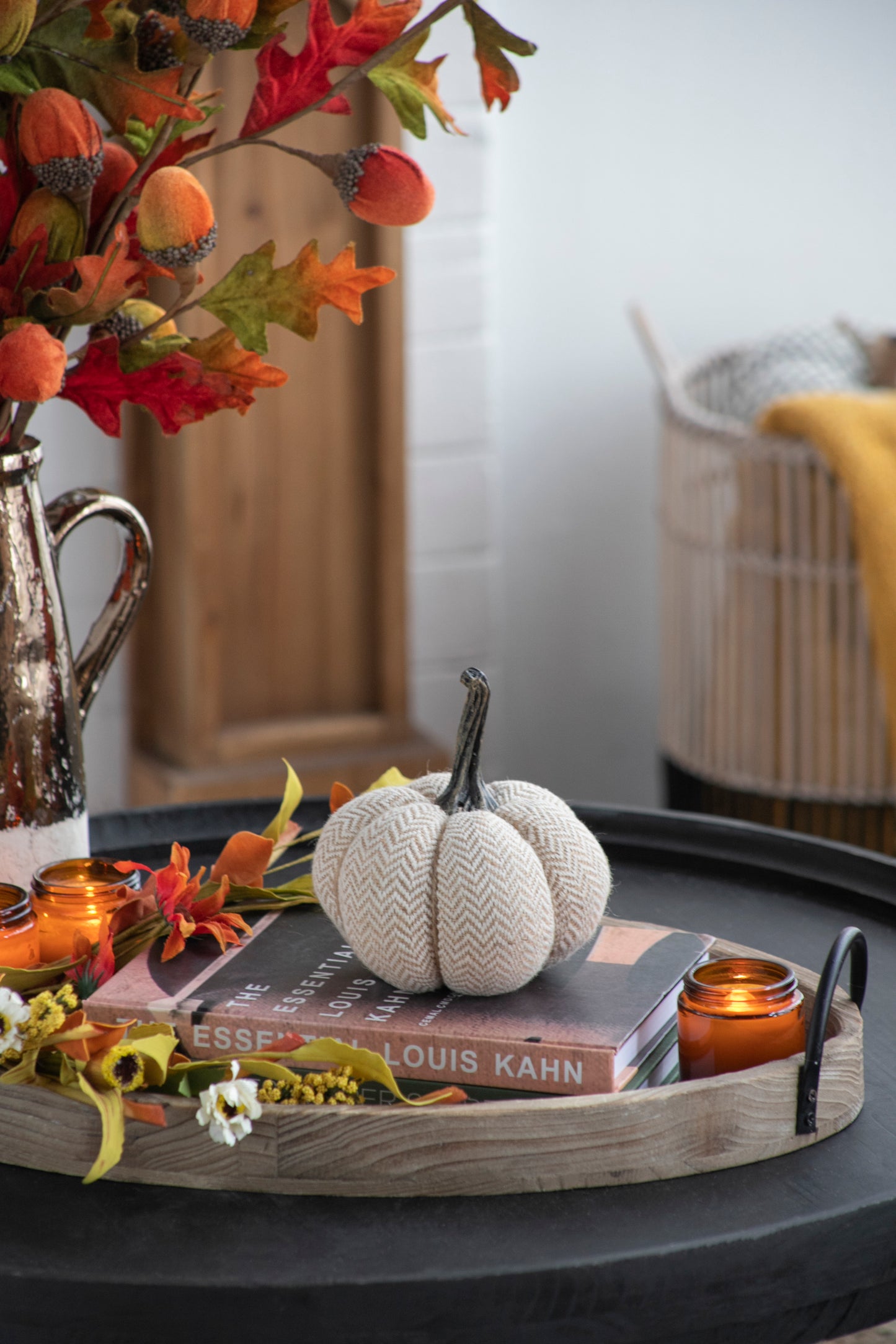 Textured fabric pumpkin with herringbone pattern ideal for fall decor