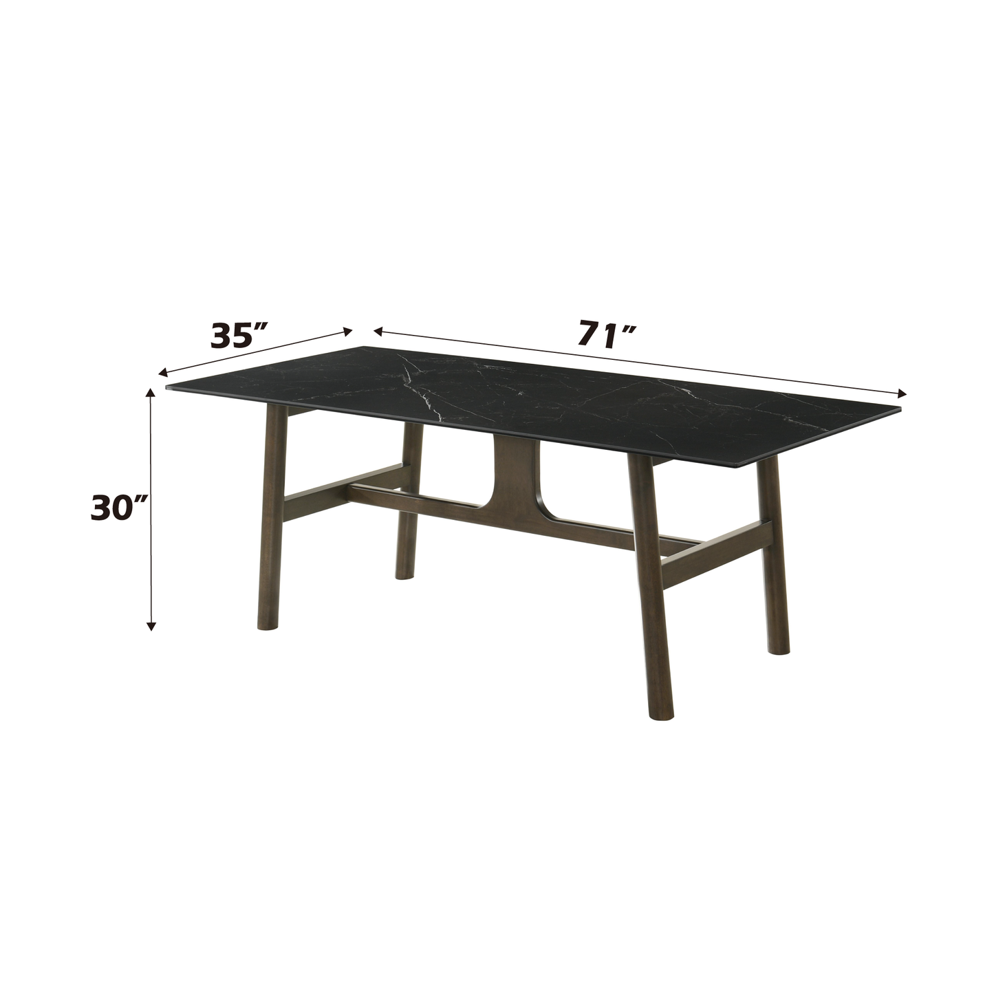 Rectangular black marble top dining table with dark wood legs W x D x H