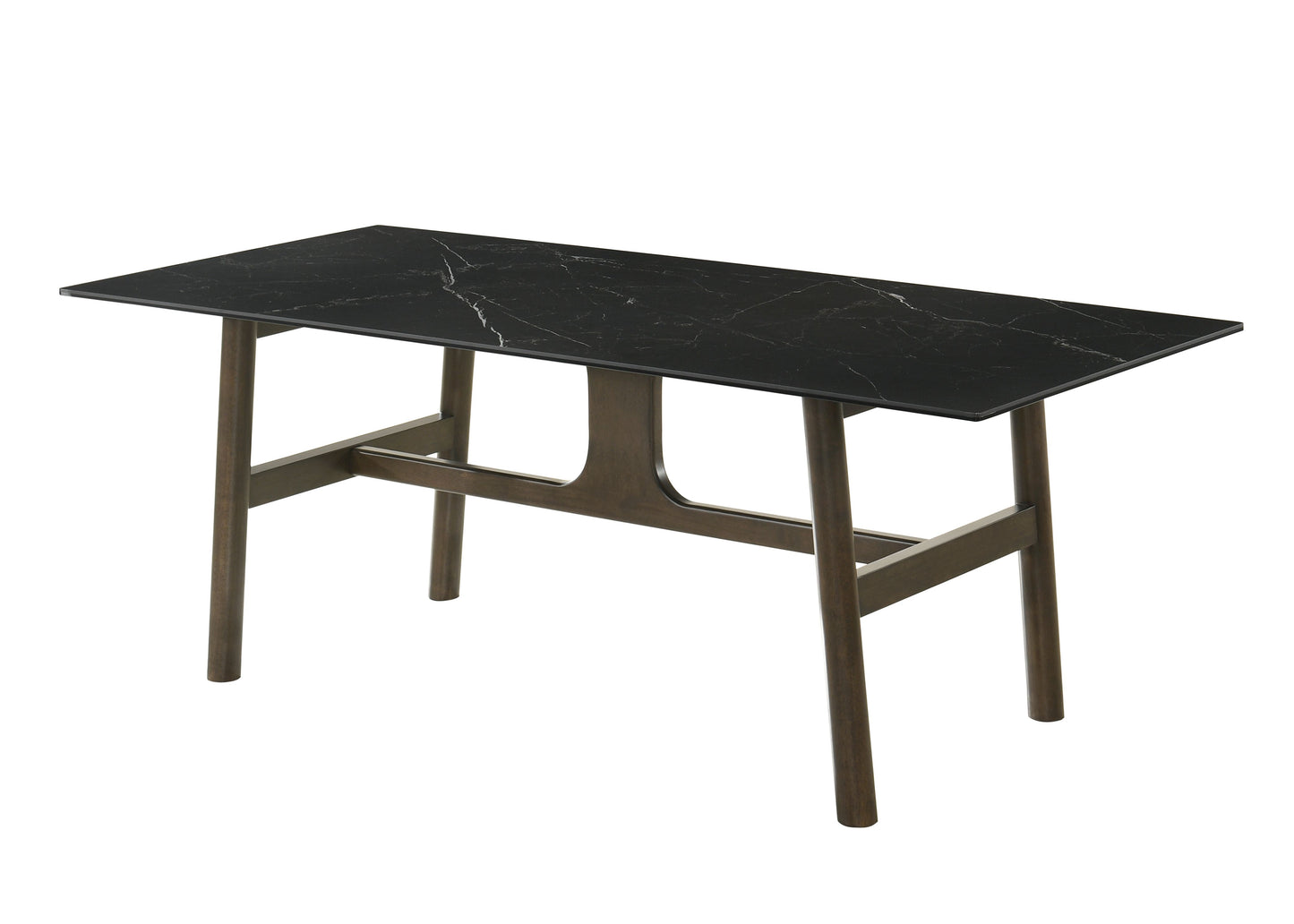 Rectangular dining table with black marble top and dark wood legs