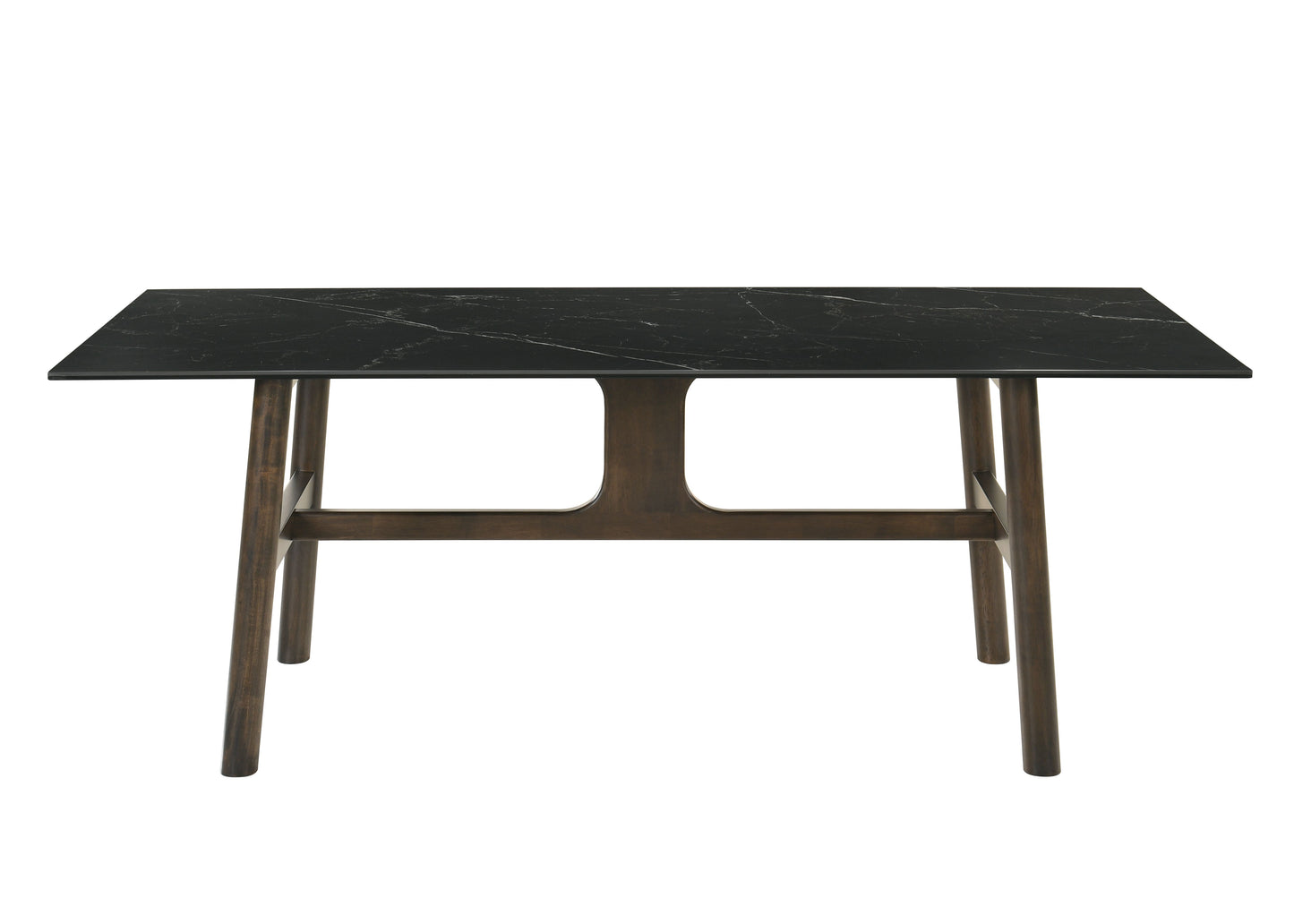 Rectangular black marble top dining table with dark wood legs and minimalist design