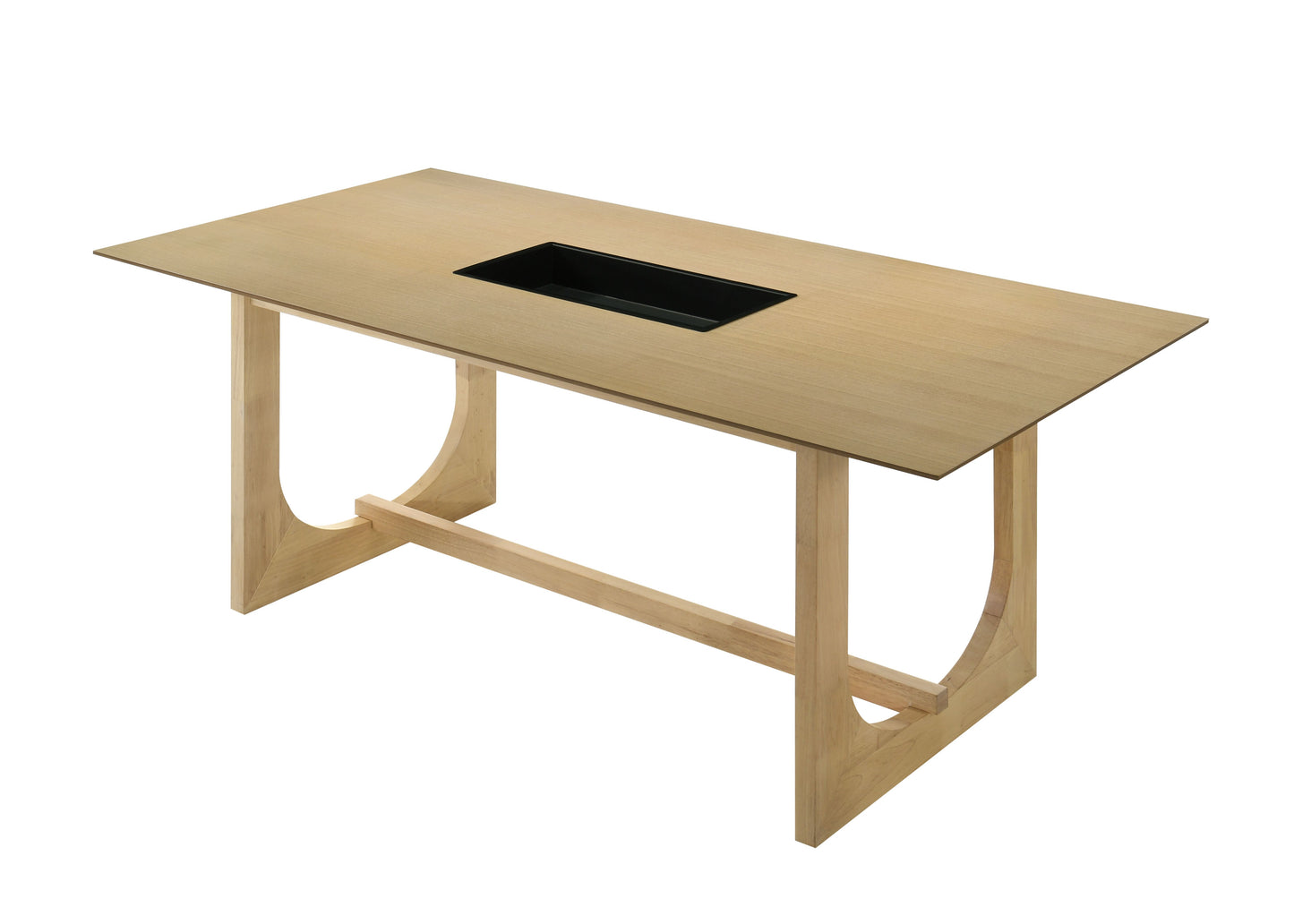 Modern light wood dining table with integrated black center trough clean design