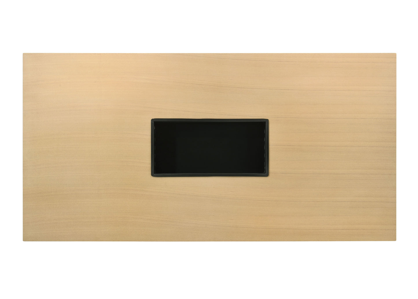 Light wood table with integrated black tray for modern desk organization