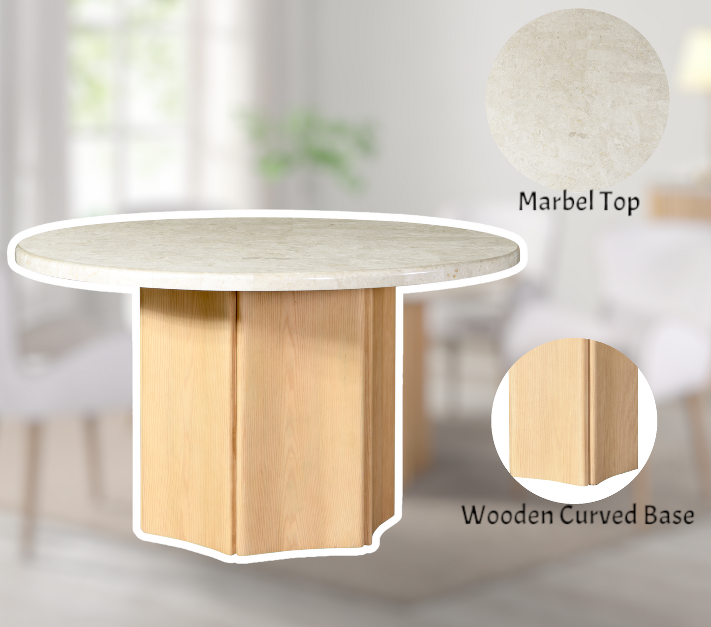 Round dining table with natural marble top and light wood curved pedestal base
